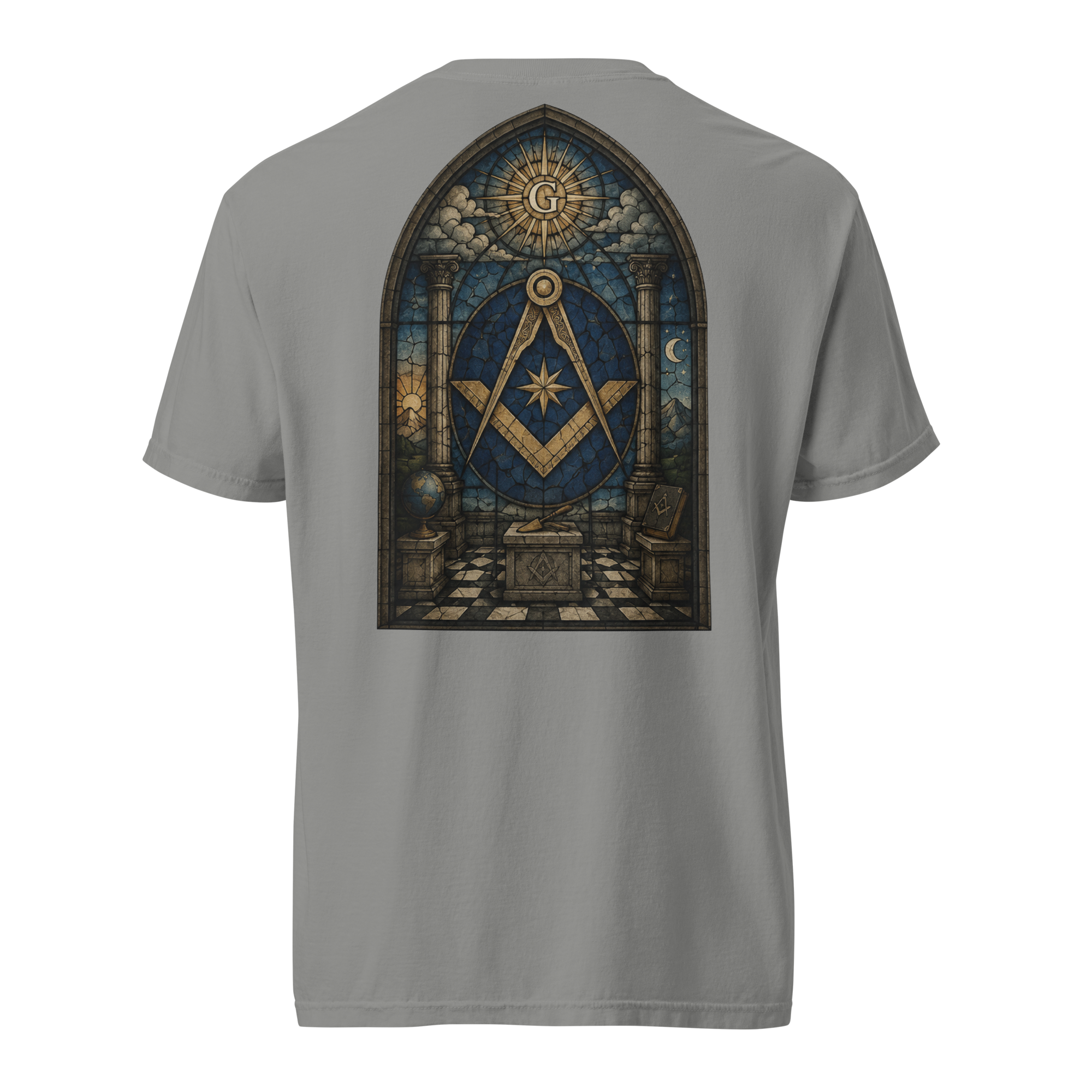 Gray garment-dyed heavyweight T-shirt featuring a stained glass Square and Compasses Masonic design inspired by historic tracing boards.