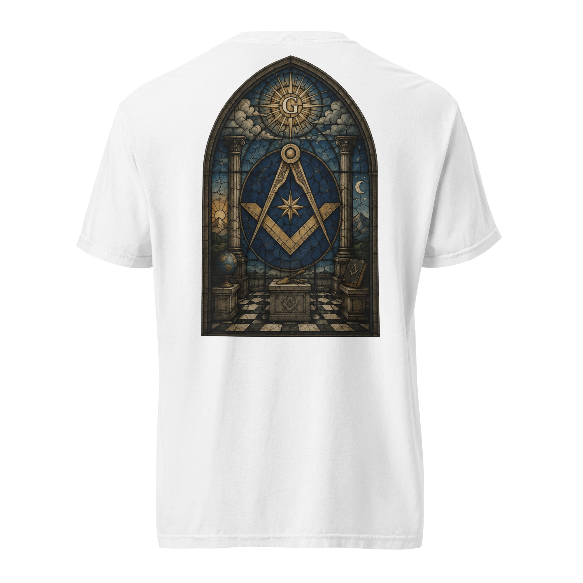 White garment-dyed heavyweight T-shirt featuring a stained glass Square and Compasses Masonic design inspired by historic tracing boards.