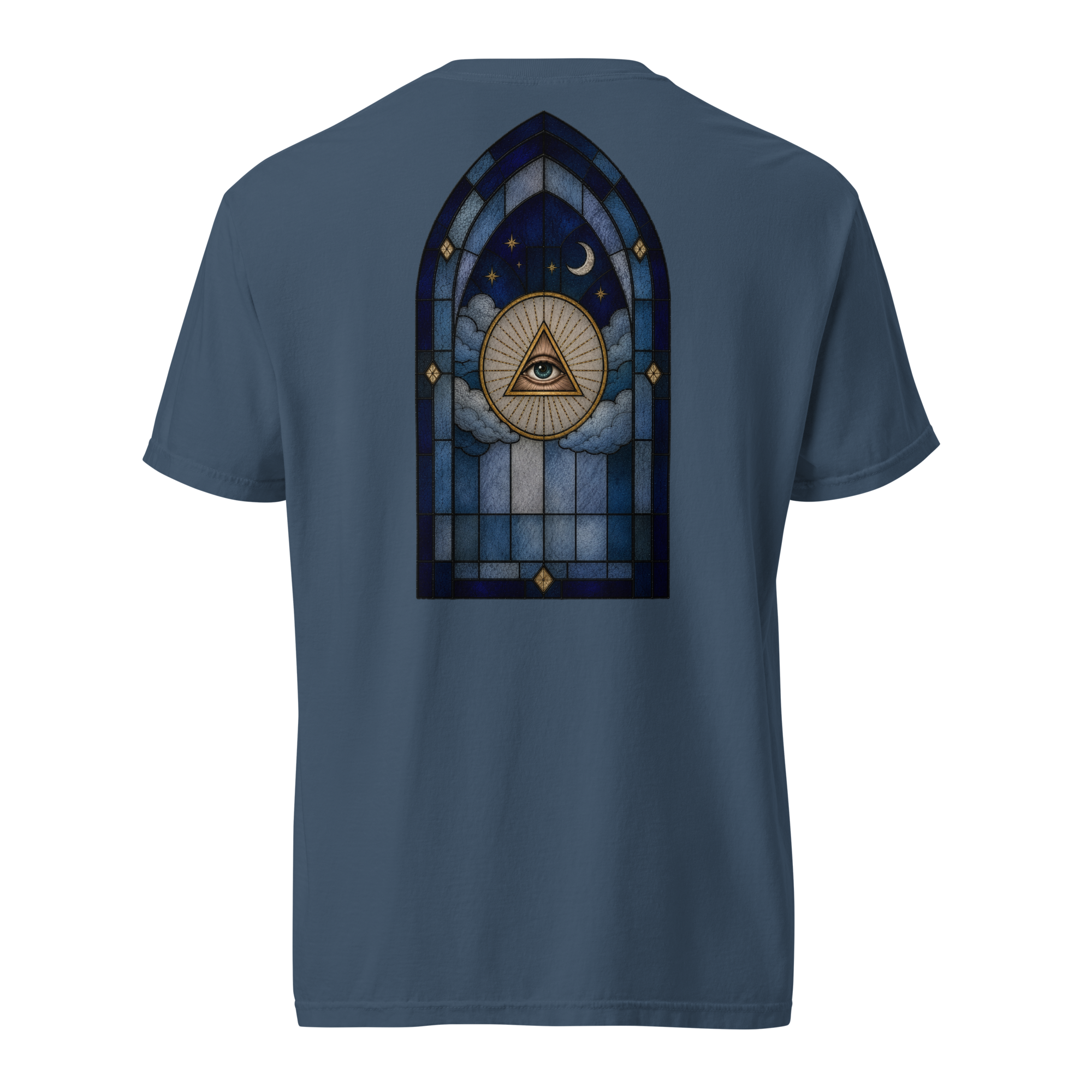Garment-dyed T-shirt featuring a stained glass All-Seeing Eye Masonic design with the Eye of Providence, triangle, clouds, moon, and stars.