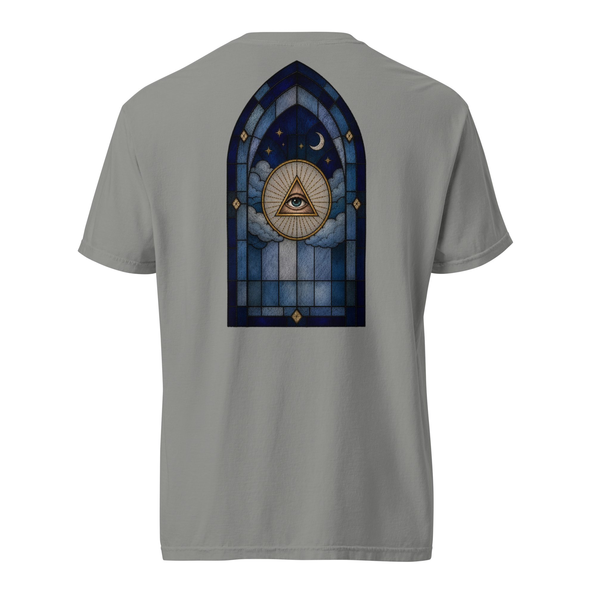 Garment-dyed T-shirt featuring a stained glass All-Seeing Eye Masonic design with the Eye of Providence, triangle, clouds, moon, and stars.