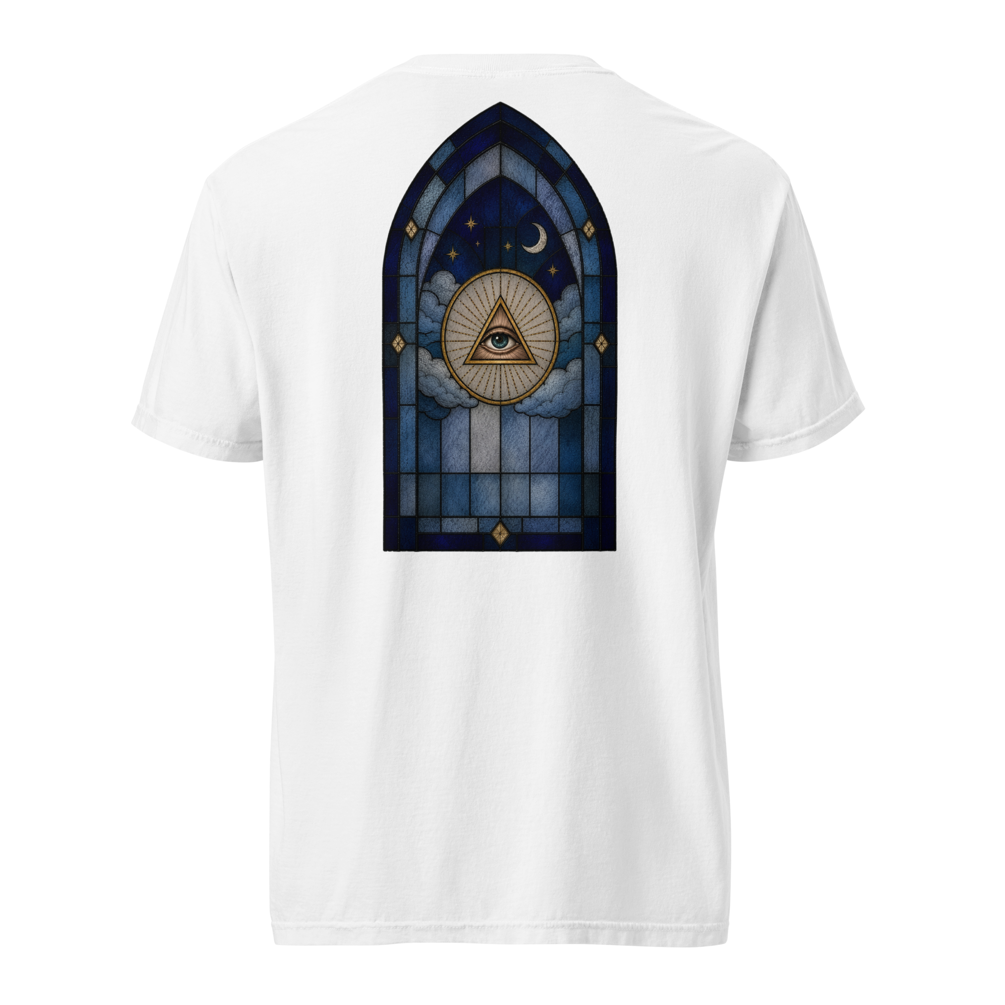 Garment-dyed T-shirt featuring a stained glass All-Seeing Eye Masonic design with the Eye of Providence, triangle, clouds, moon, and stars.