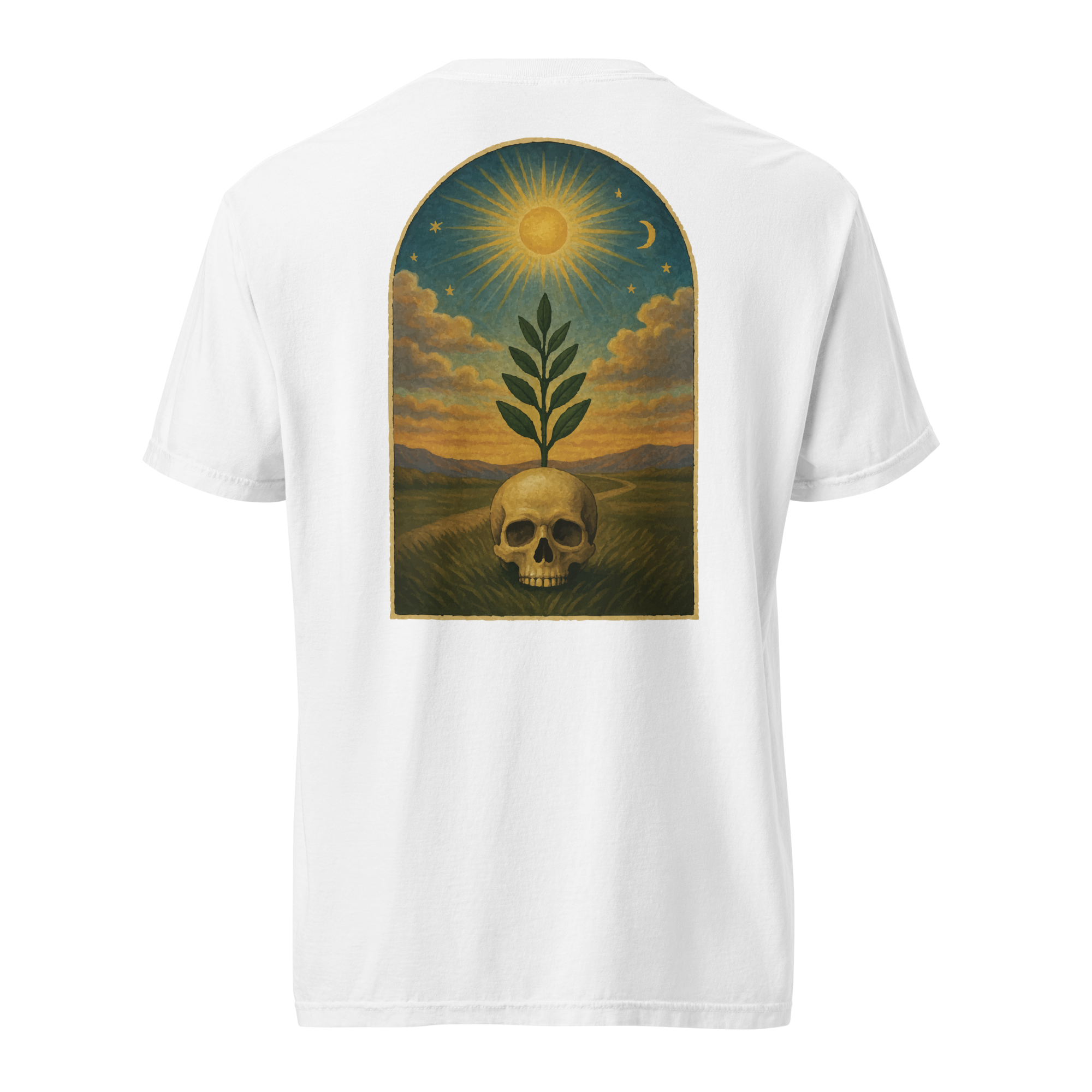 White Masonic t-shirt featuring sprig of acacia growing from skull, sun and moon tracing board inspired design.