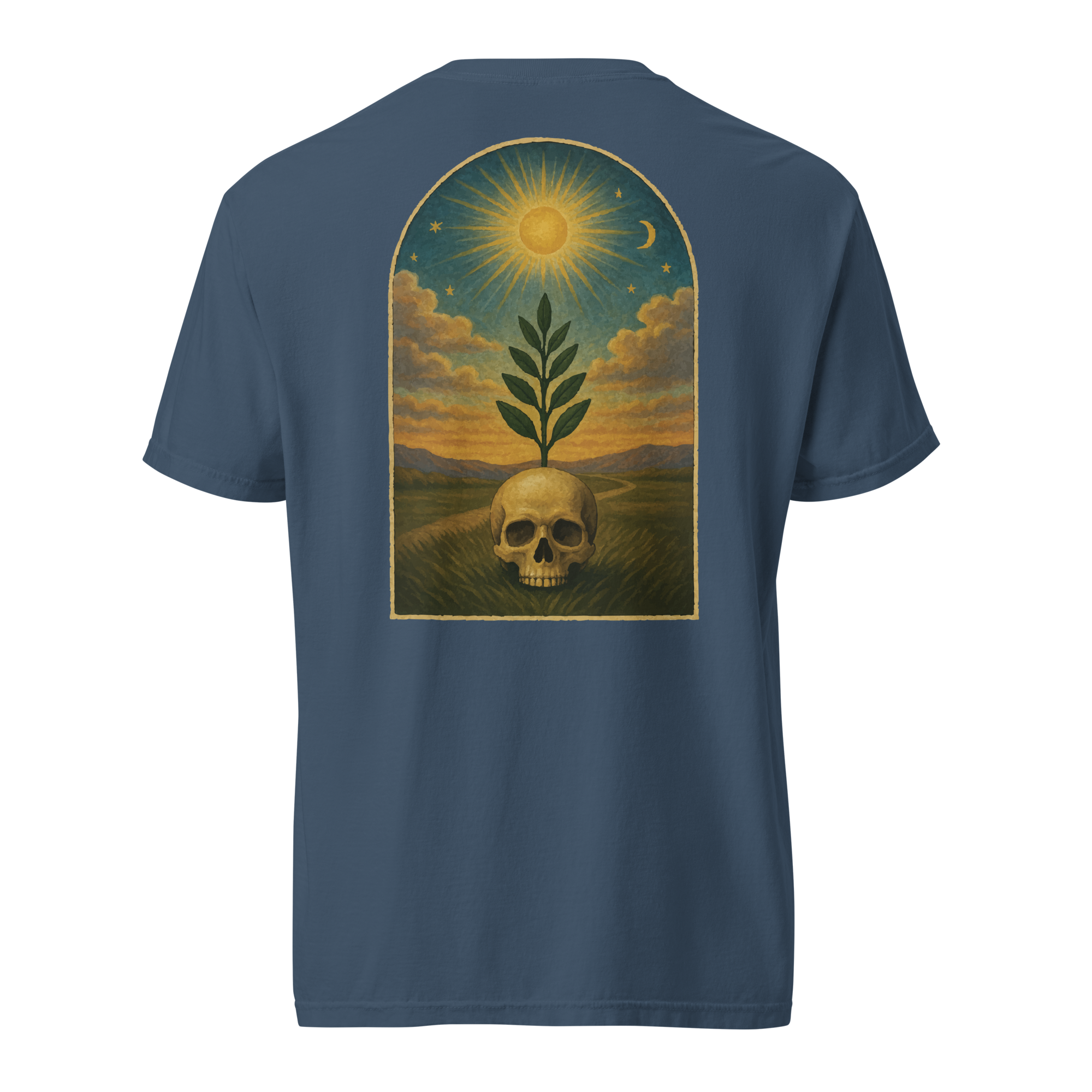 Blue Masonic t-shirt displaying sprig of acacia and skull illustration, symbolic tracing board style with sun and moon.