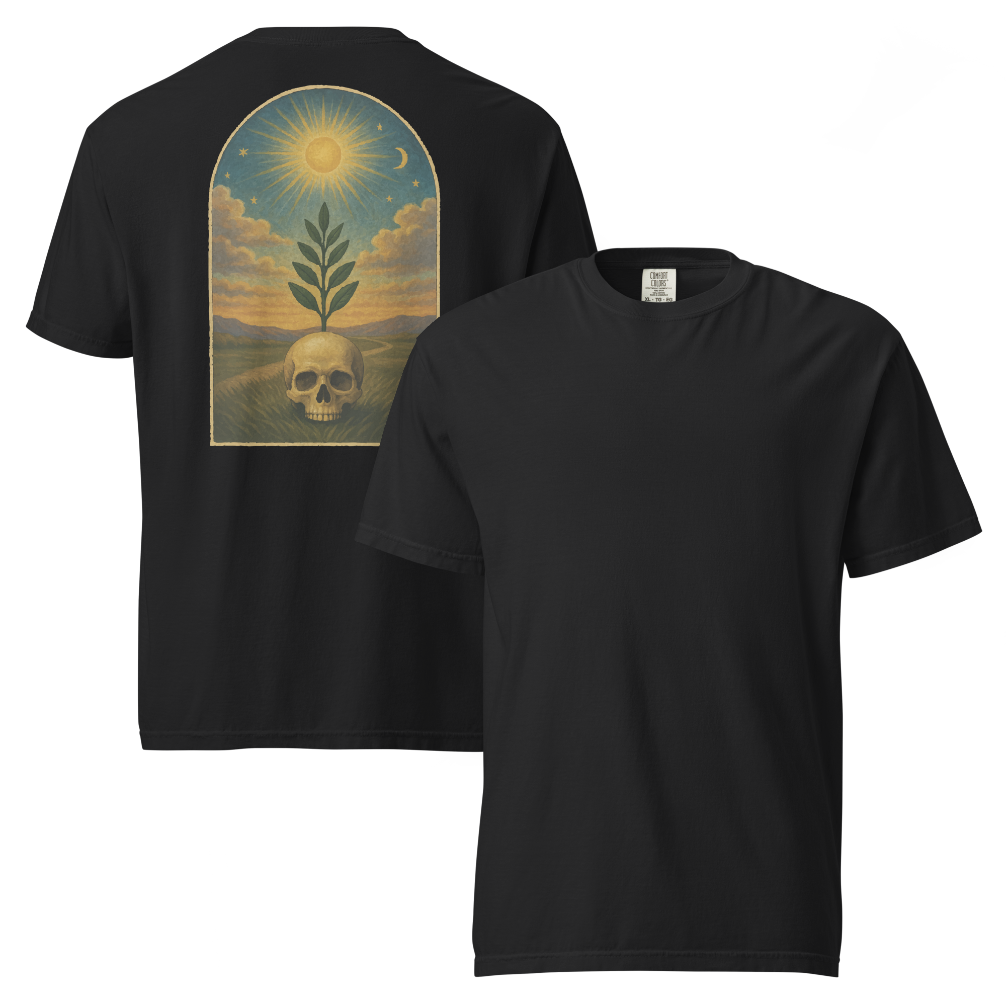 Black Masonic t-shirt featuring sprig of acacia and skull artwork under sun and moon, tracing board style design.