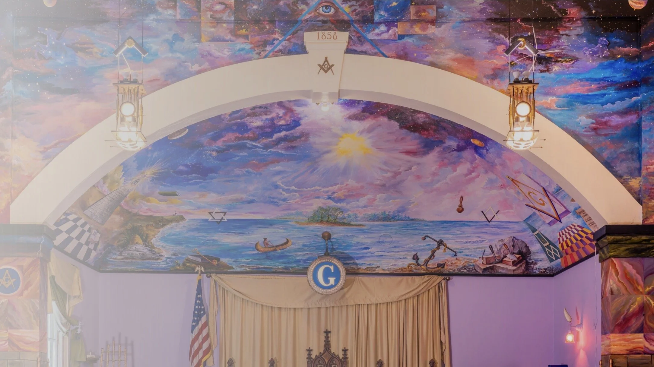 Masonic lodge mural painting by John Philip Capello. Wamponamon Lodge No.437 GLNY