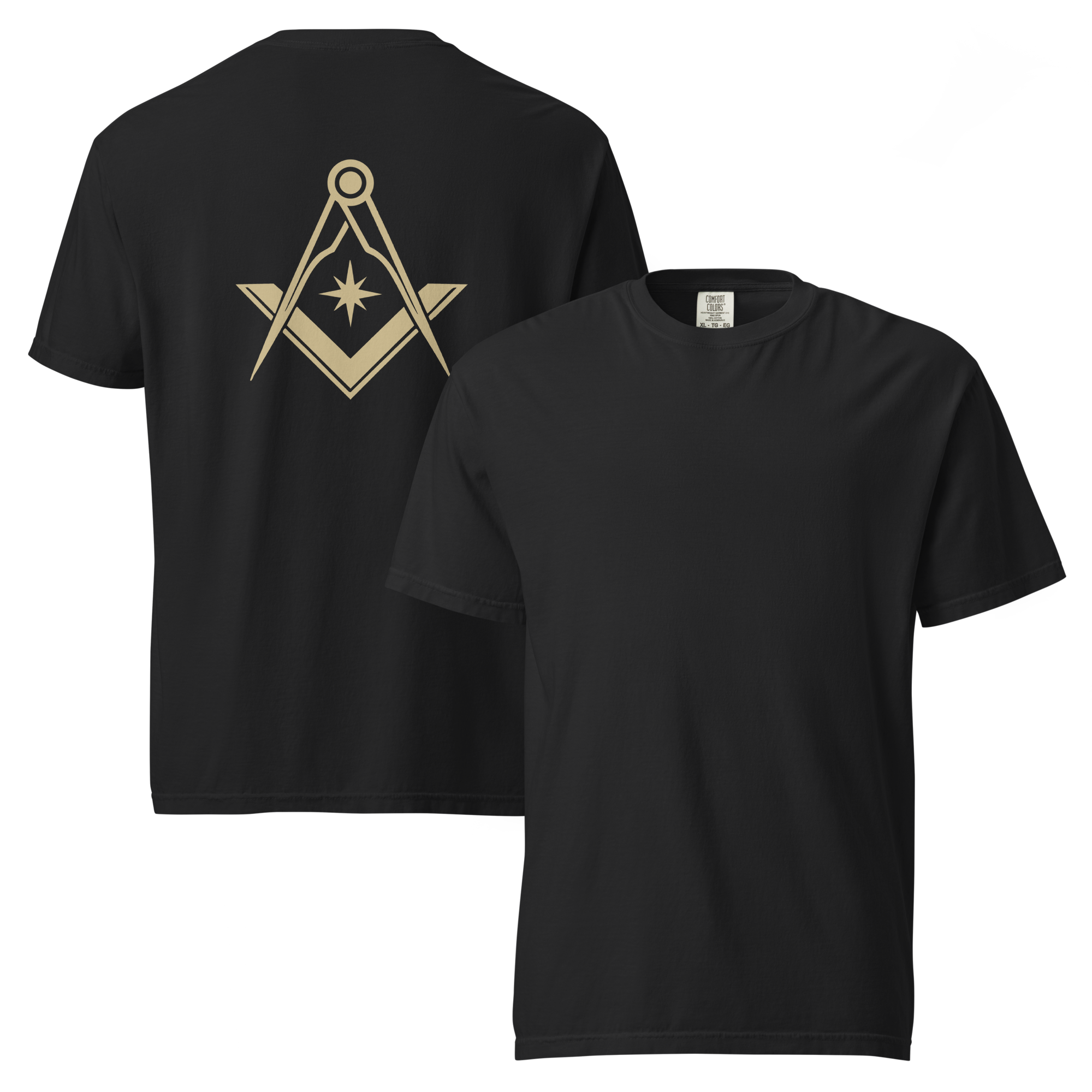 Black Masonic t-shirt with Square & Compasses emblem on the back, Freemason apparel.