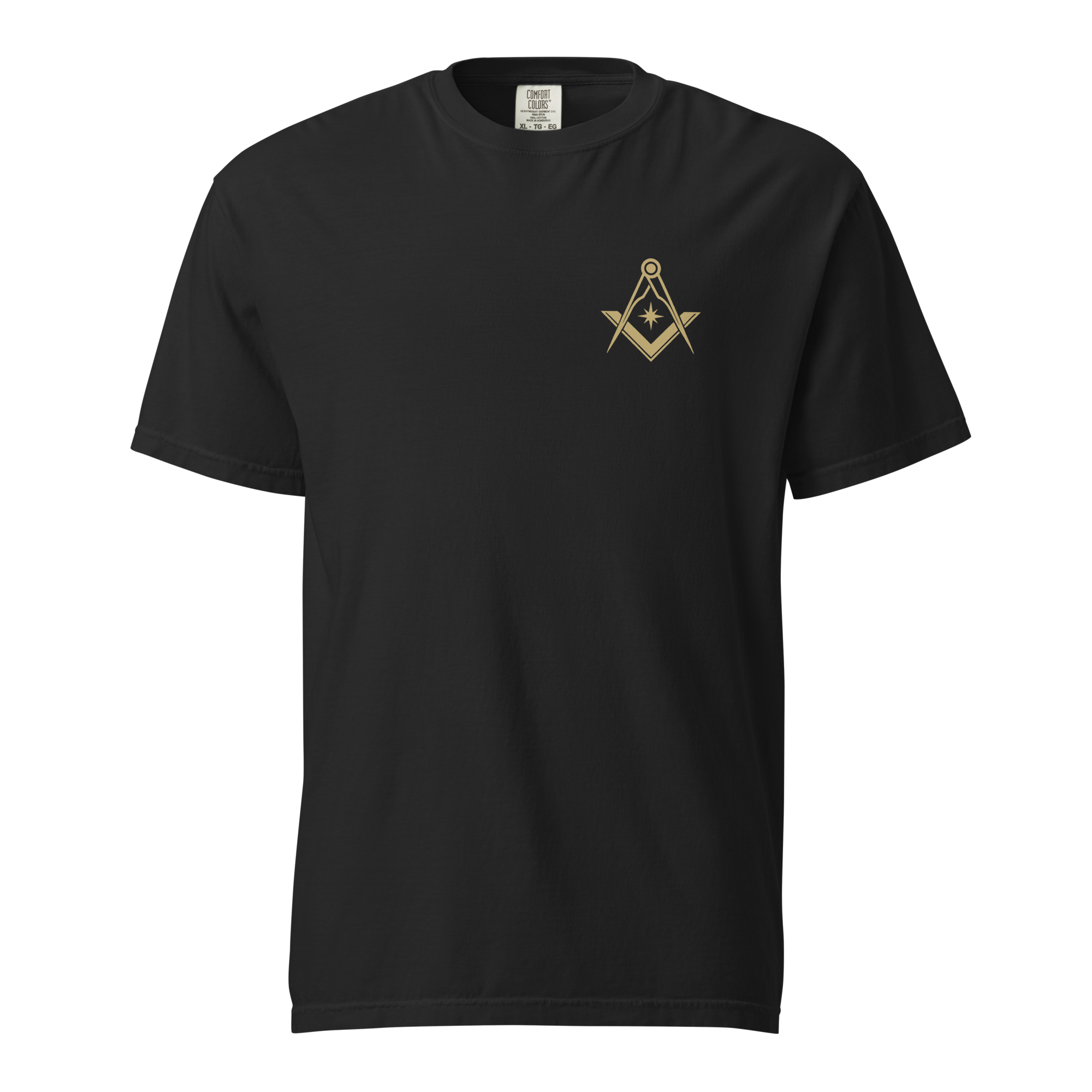 Black Masonic t-shirt with embroidered Square and Compasses emblem on the front, Freemason apparel gift.