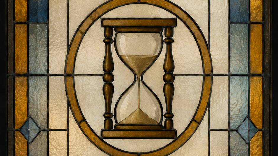 Stained glass window with an hourglass design in the center.