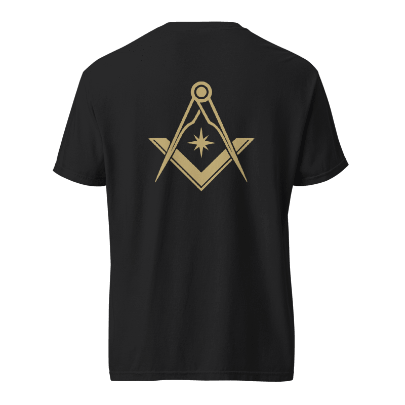 Freemason cotton tee, black unisex shirt with gold Masonic square and compass design.