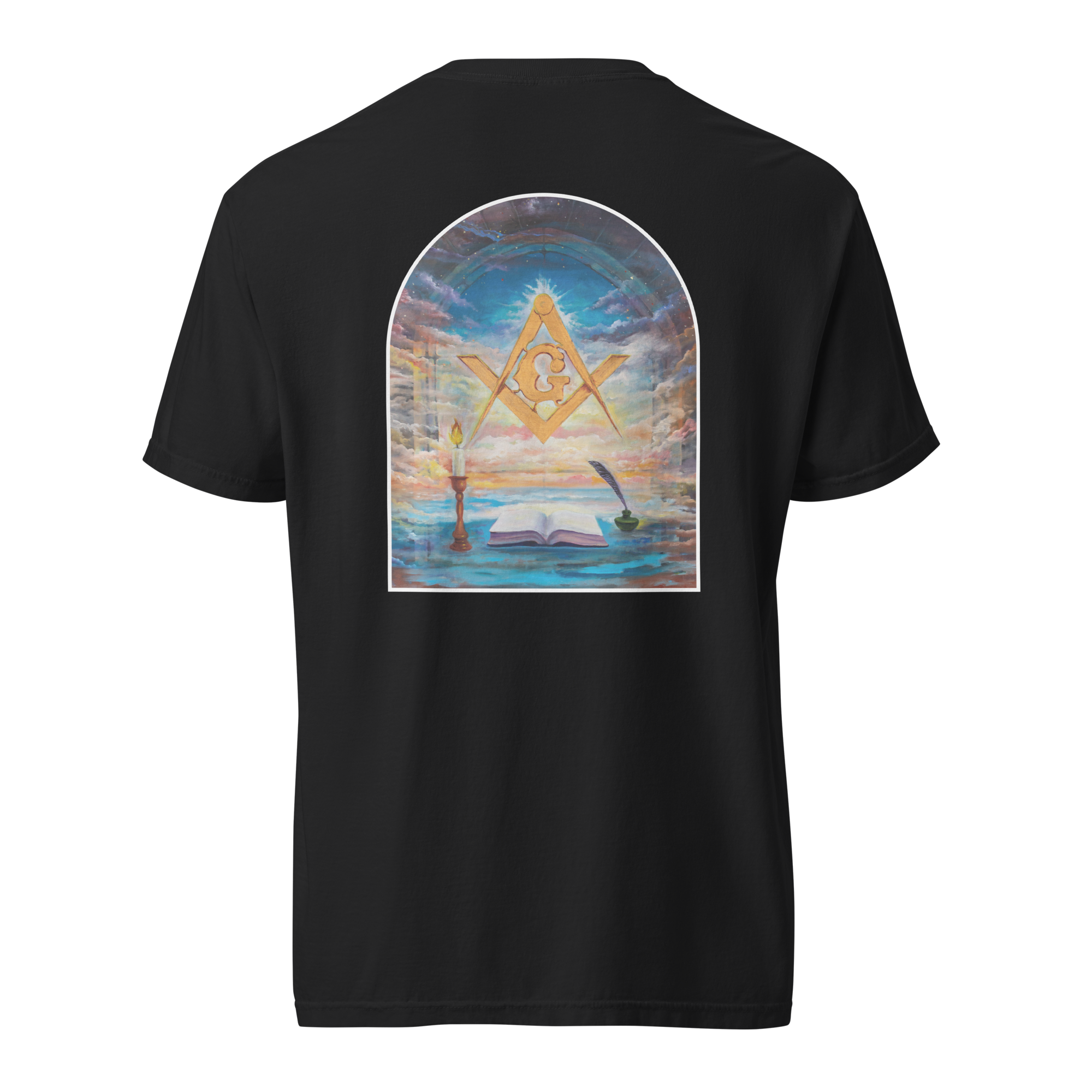 Special edition Freemason t-shirt featuring original artwork by Bro. John Philip Capello with Square and Compasses, sun, moon, and open book design.