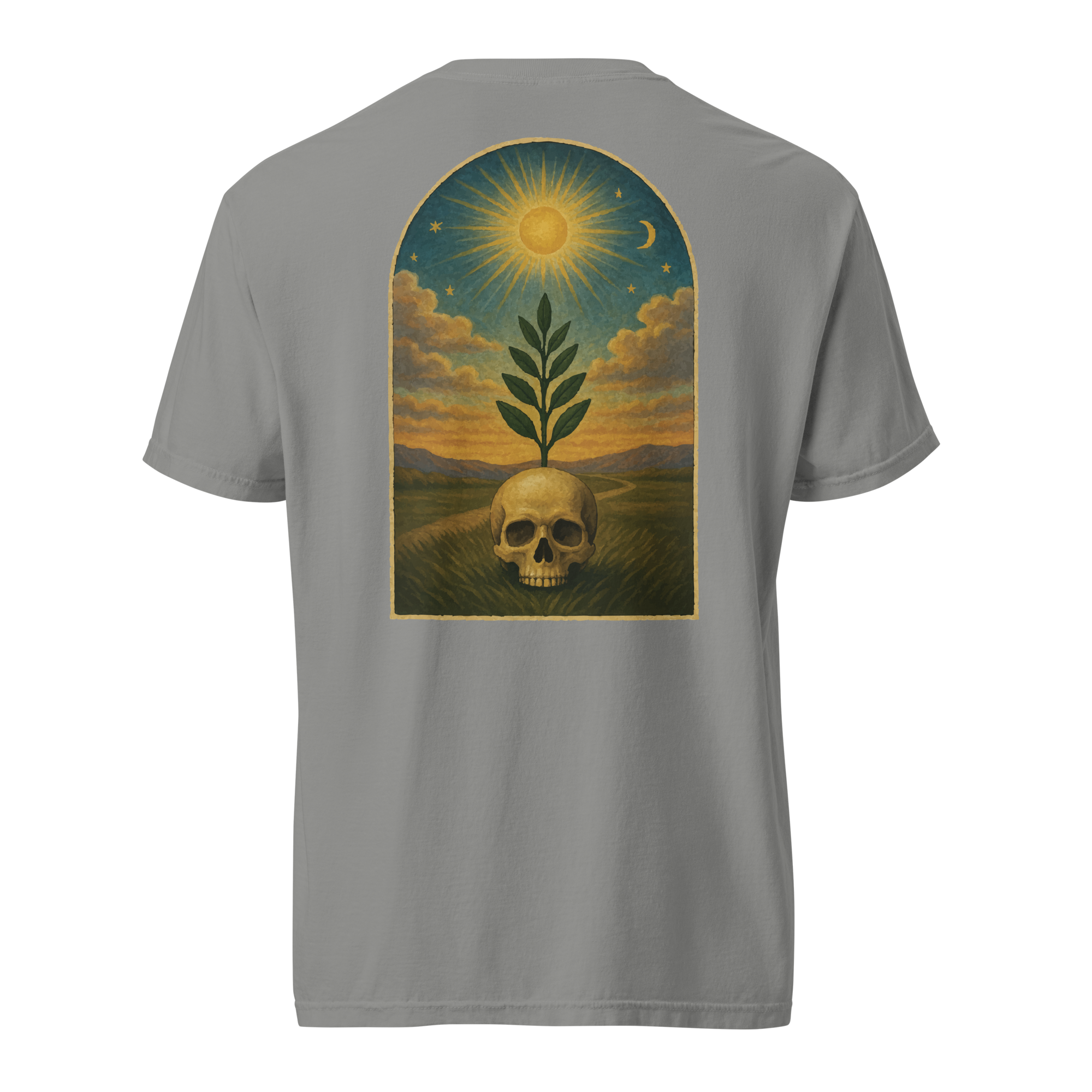 Gray Masonic t-shirt with sprig of acacia and skull artwork symbolizing hope beyond the grave, sun and moon tracing board design.