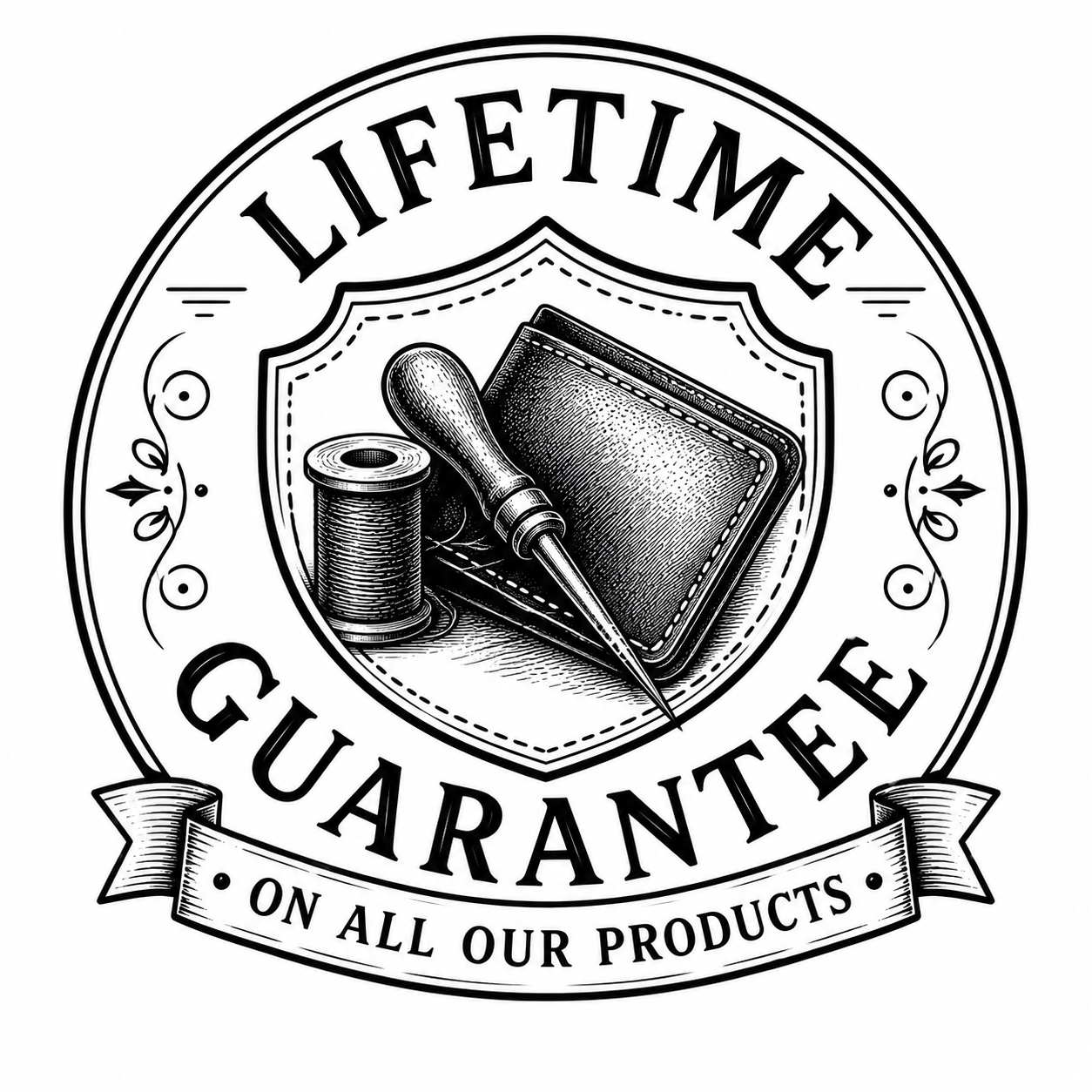 Black and white seal with the words "Lifetime Guarantee" and "On All Our Products" around a shield containing a sewing spool, a needle, and a leather wallet.