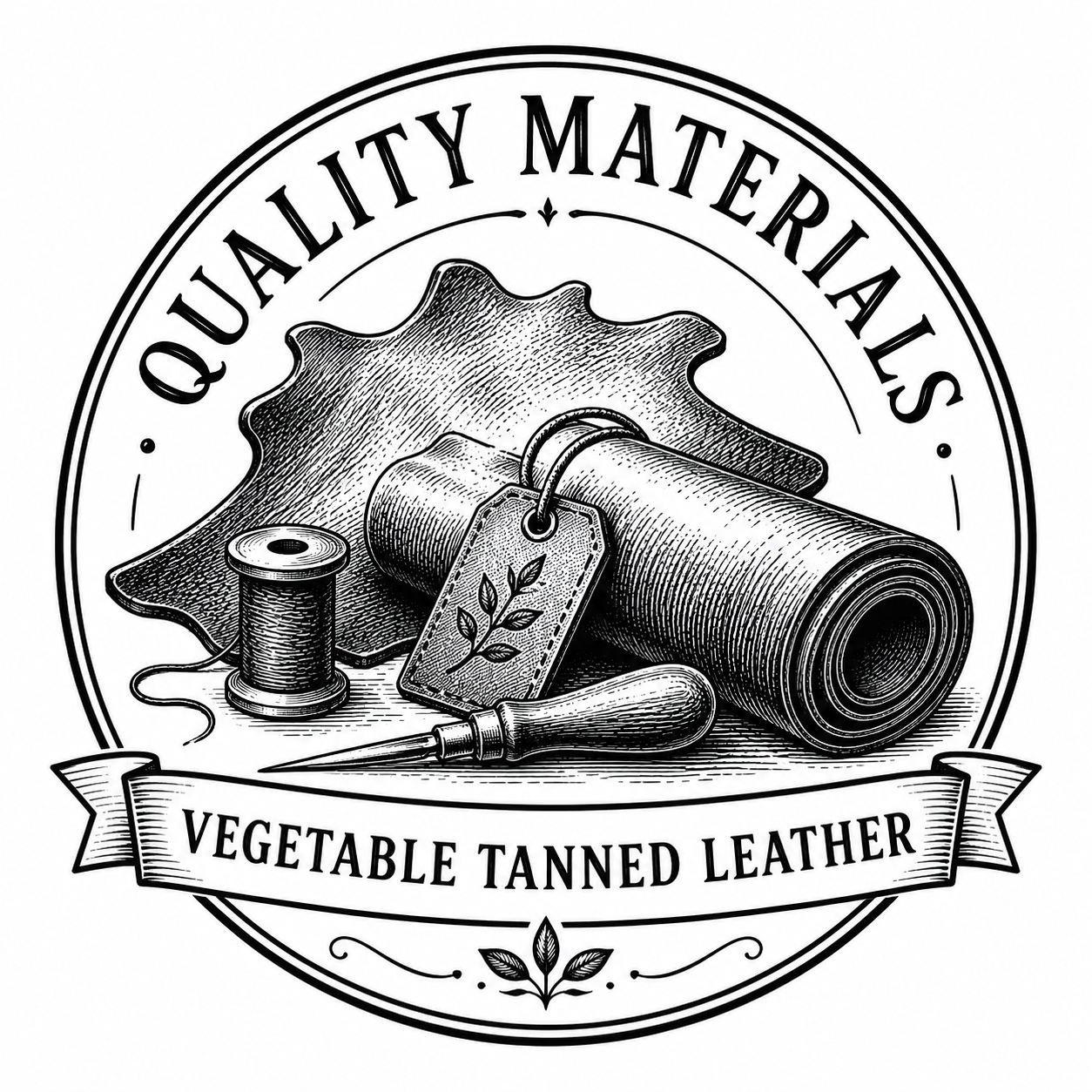 Vintage style logo with roll of vegetable tanned leather, a needle and thread, and a leather tag, emphasizing quality materials for leatherwork.