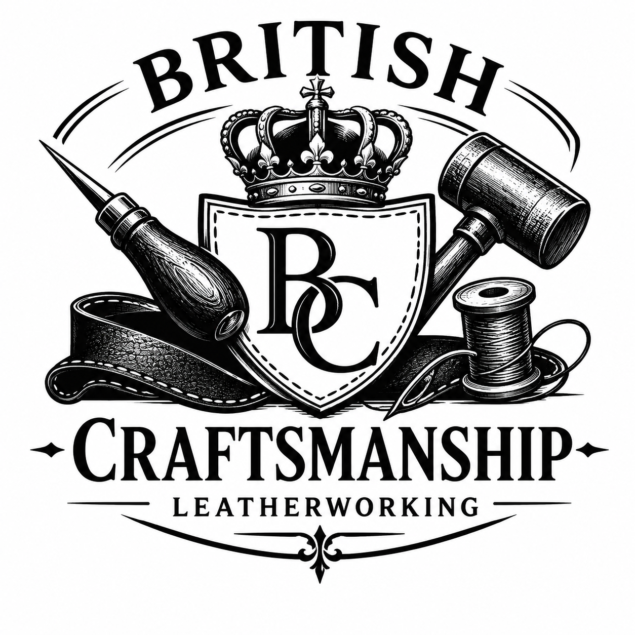 A black and white logo for British craftsmanship featuring a crown, a shield with intertwined letters 'B' and 'C', a leather saddle, a hammer, a rotary tool, and a spool of thread. The text reads 'British Craftsmanship Leatherworking'.