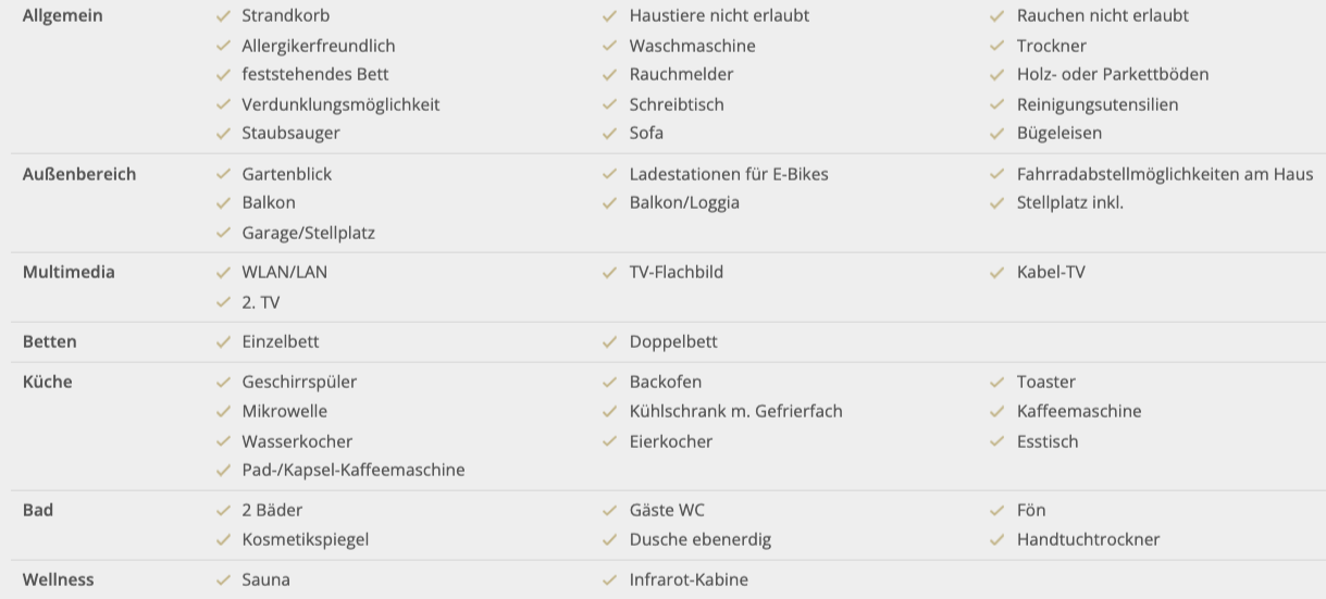 Diese Tabelle listet die Ausstattungsmerkmale und Gegenstände der Ferienwohnung nach folgenden Kategorien auf: Allgemein, Außenbereich, Multimedia, Schlafzimmer, Küche, Bad und Wellness.