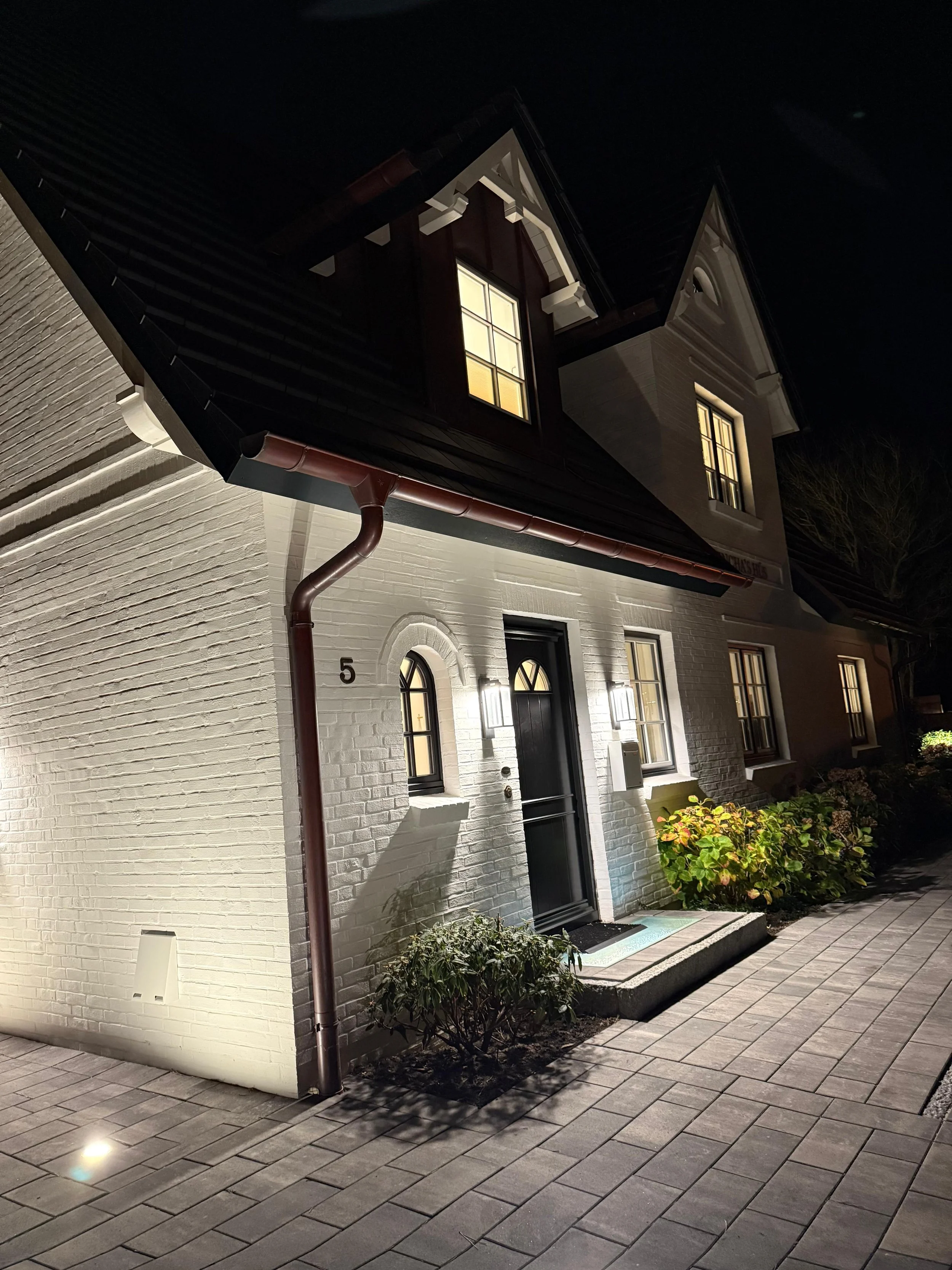 Moderne weiße Hausfassade bei Nacht mit beleuchteter Eingangstür und Pflanzen vor dem Haus.
