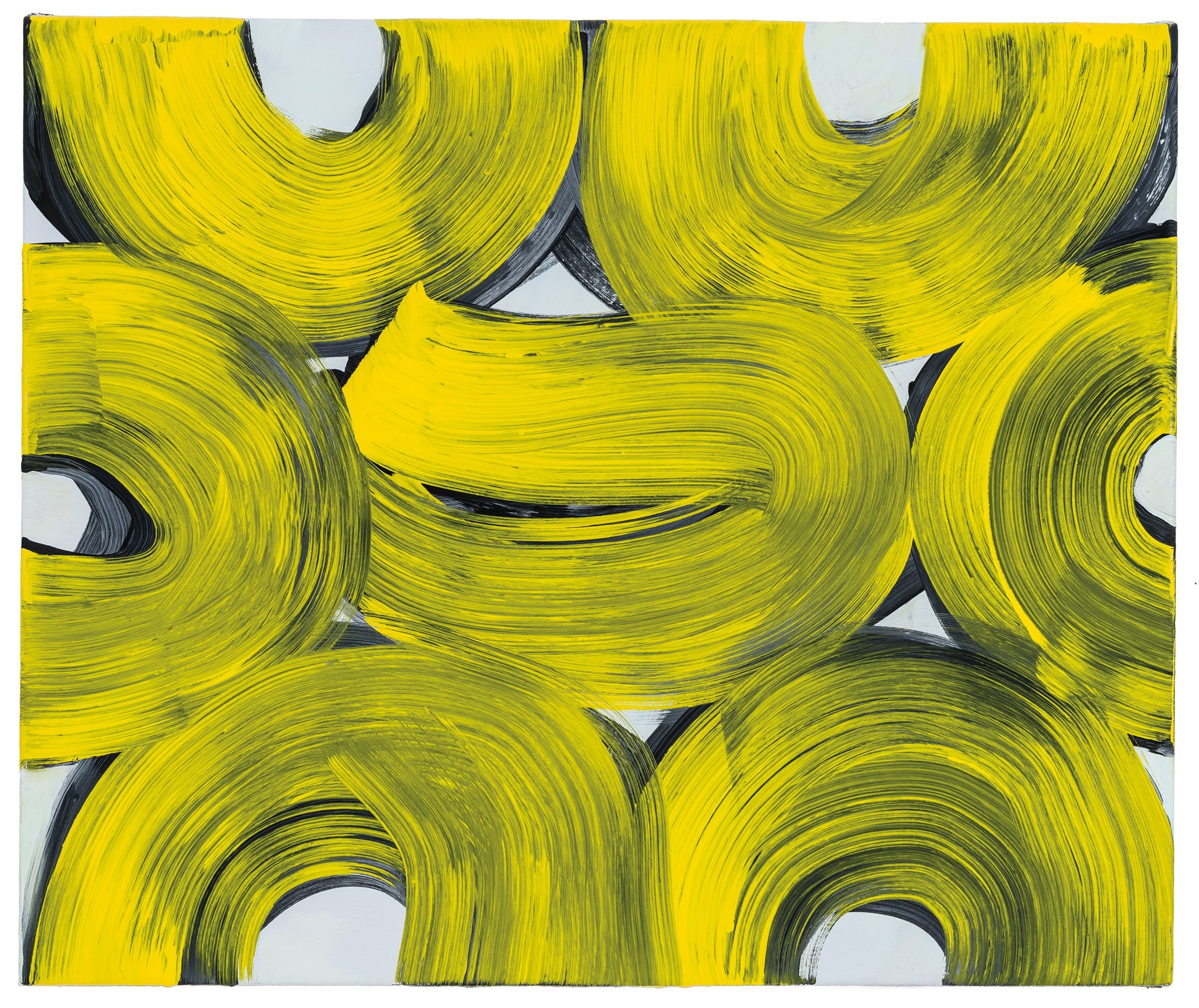 Abstract painting with large yellow brush strokes on a white background