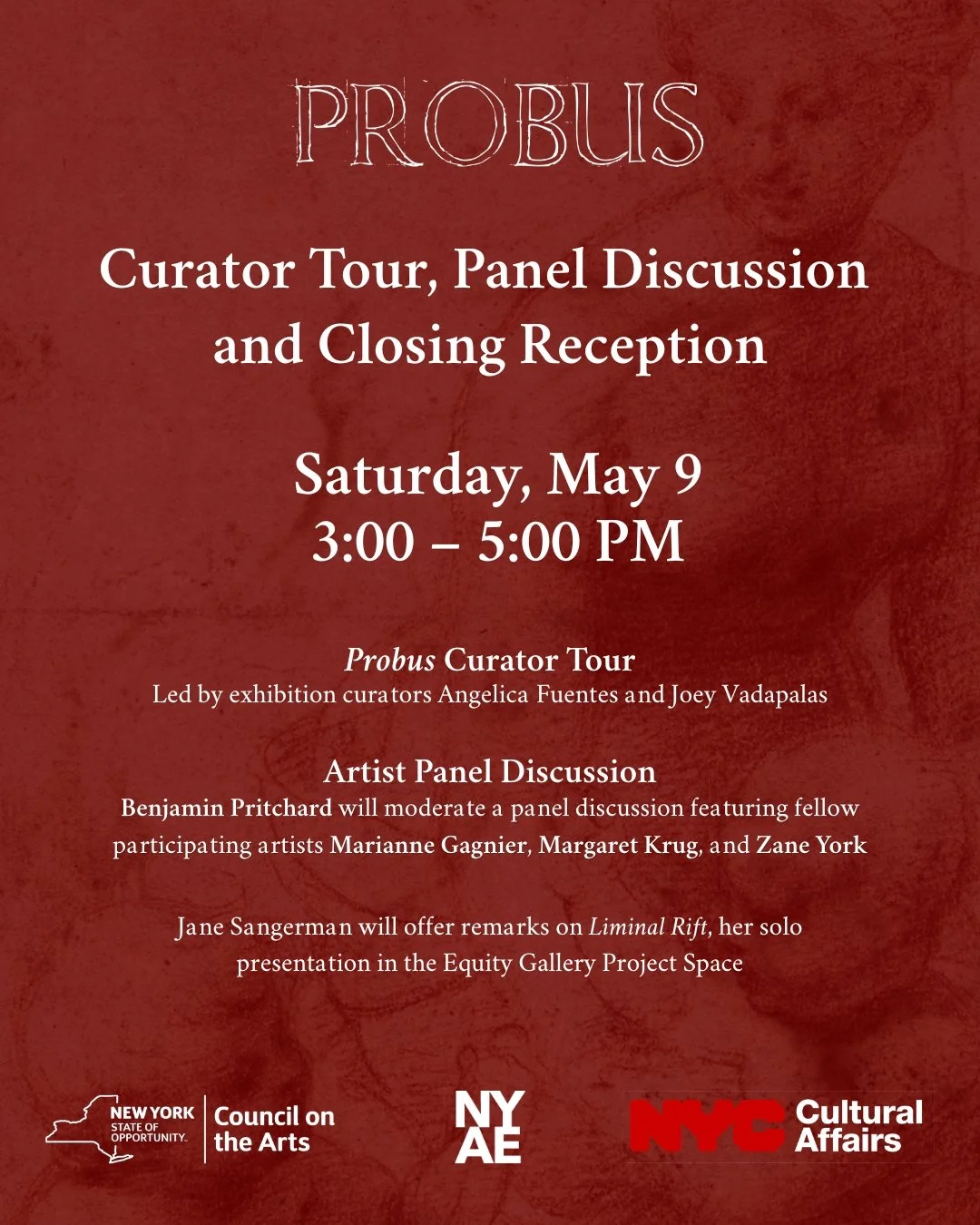 Please join us this Saturday, May 9, from 3:00 to 5:00 PM for a Curator Tour, Panel Discussion, and Closing Reception for "Probus" and concurrent exhibitions Jane Sangerman, "Liminal Rift" and Mark LaRiviere, "Crisis." 
