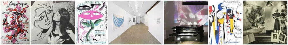 A collage of various artwork, including posters, drawings, paintings, and sculptures displayed in an art gallery.