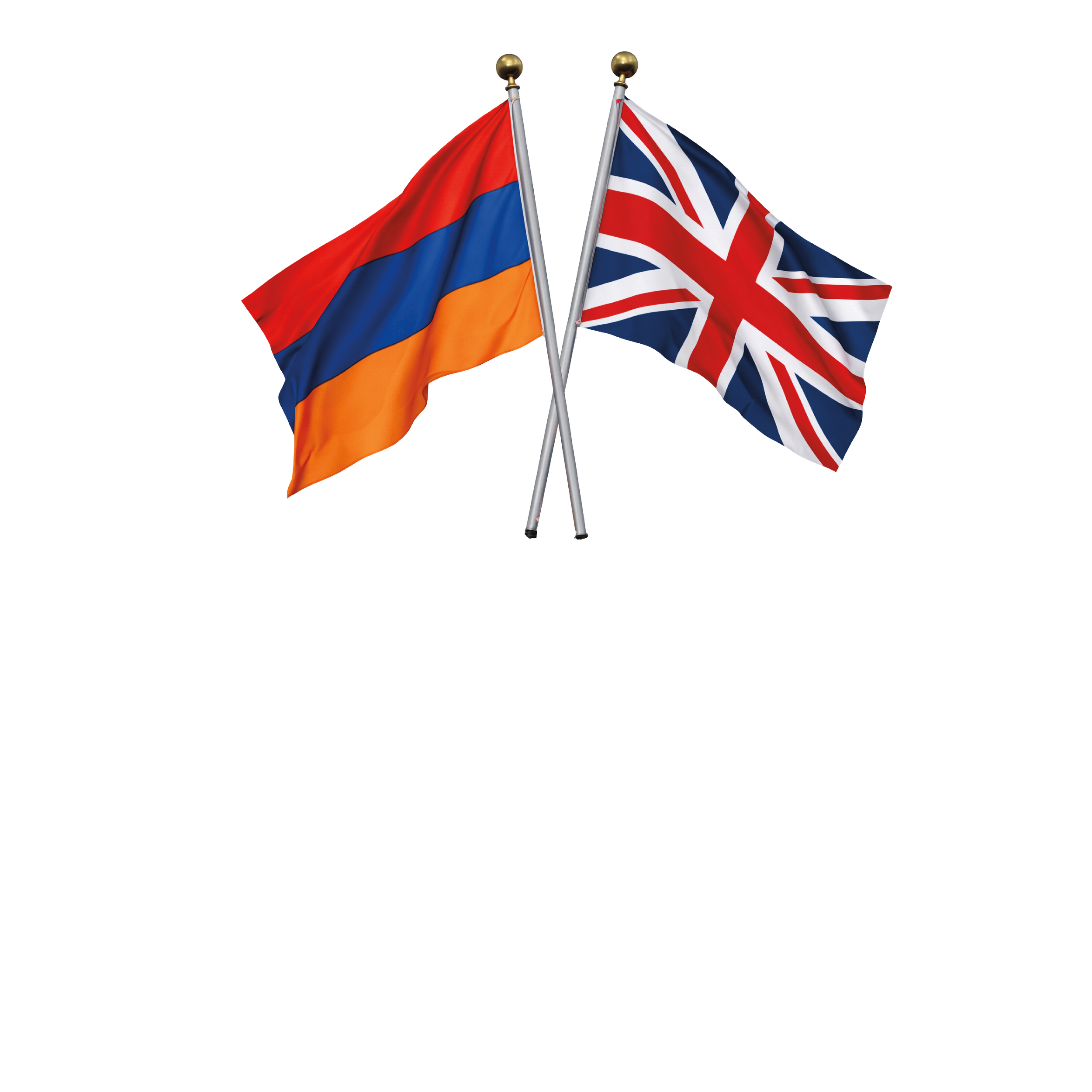 Two crossed flags on flagpoles with gold finials, one of Armenia and one of the United Kingdom.