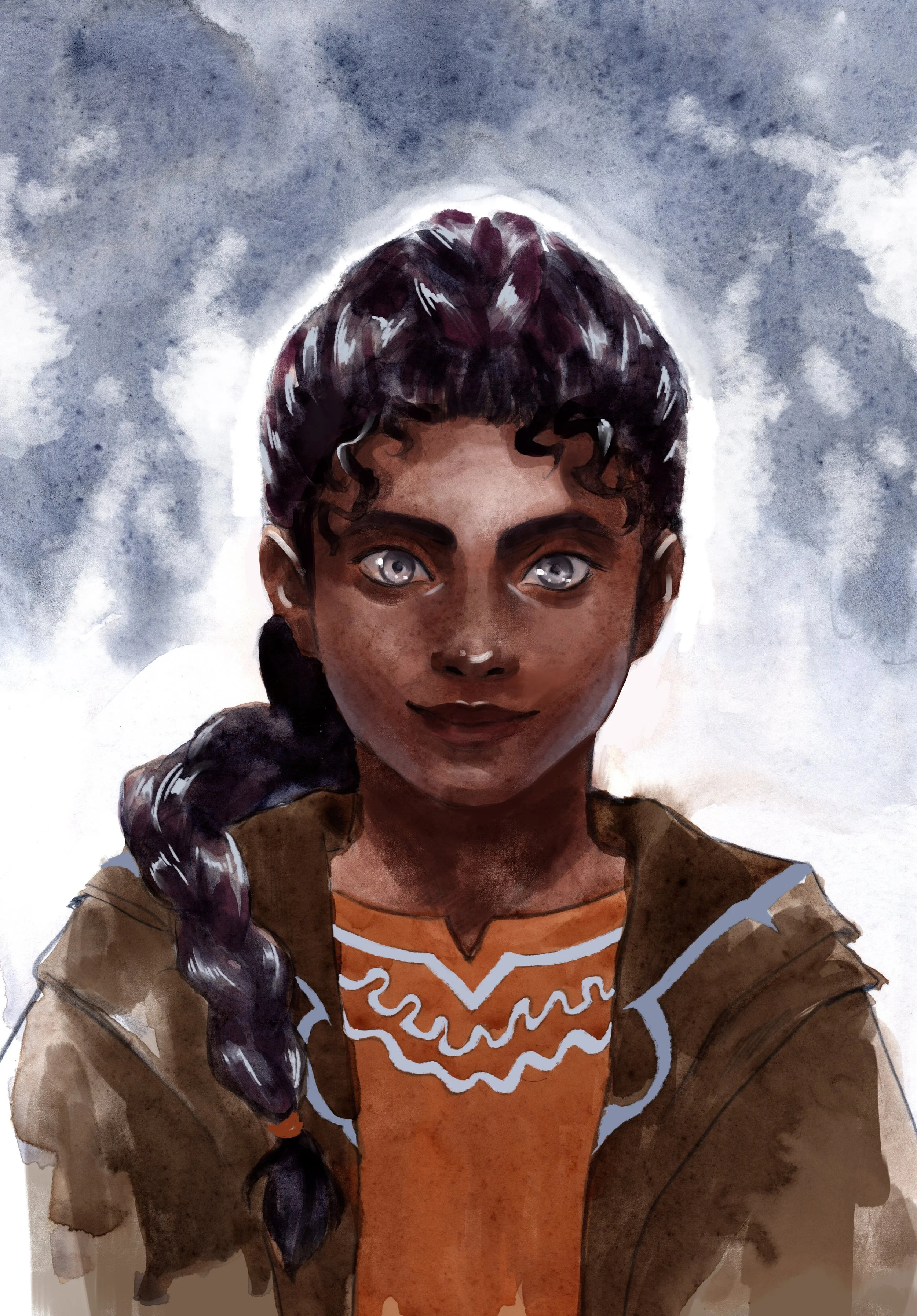 A digital painting of a young woman with dark skin, gray eyes, and long dark hair styled in a braid over her shoulder. She wears a brown jacket over an orange shirt with white designs.