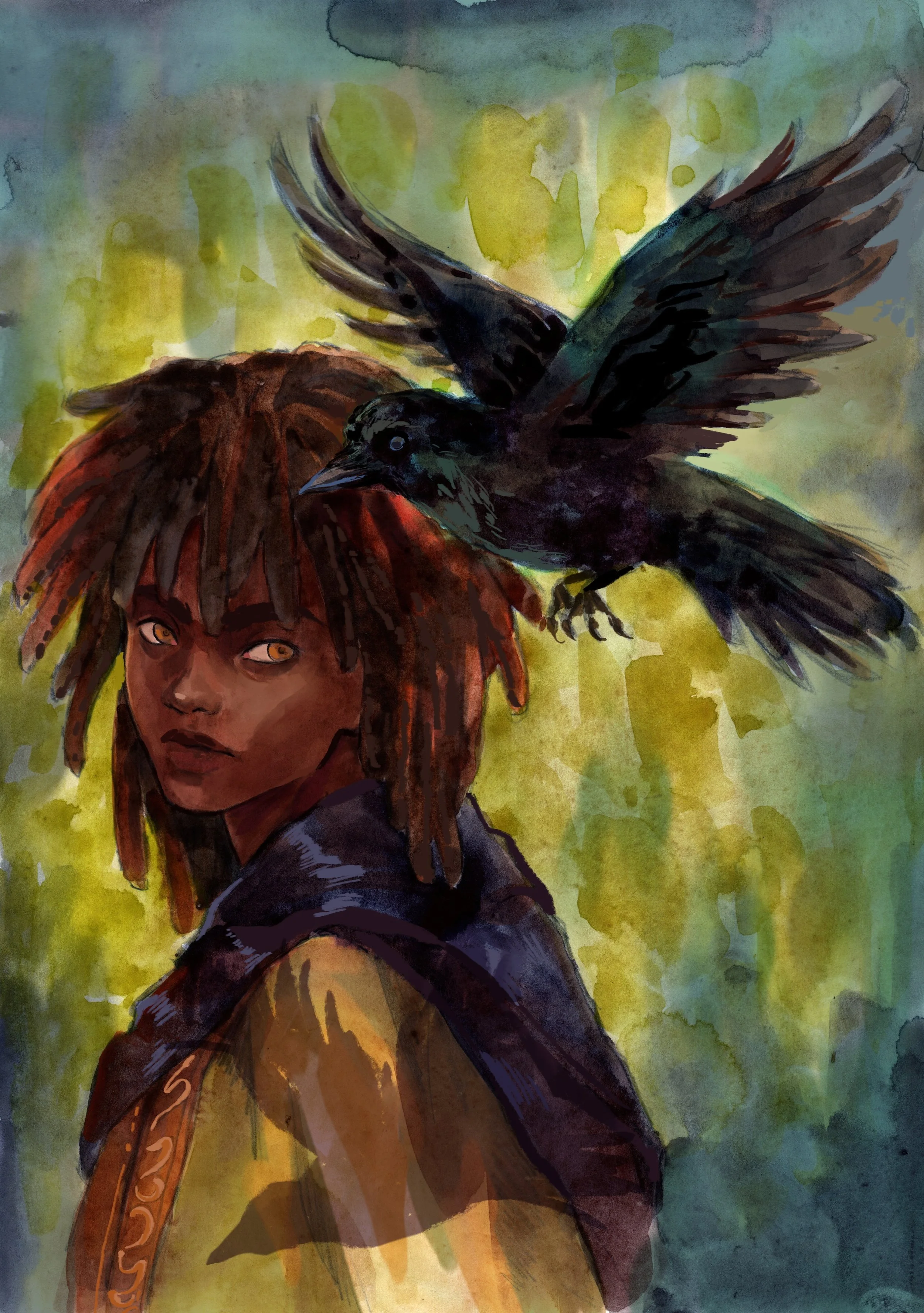 A watercolor painting of a person with dreadlocks, partially visible, with a lion's head and a black bird flying above. The background is filled with green and yellow hues.