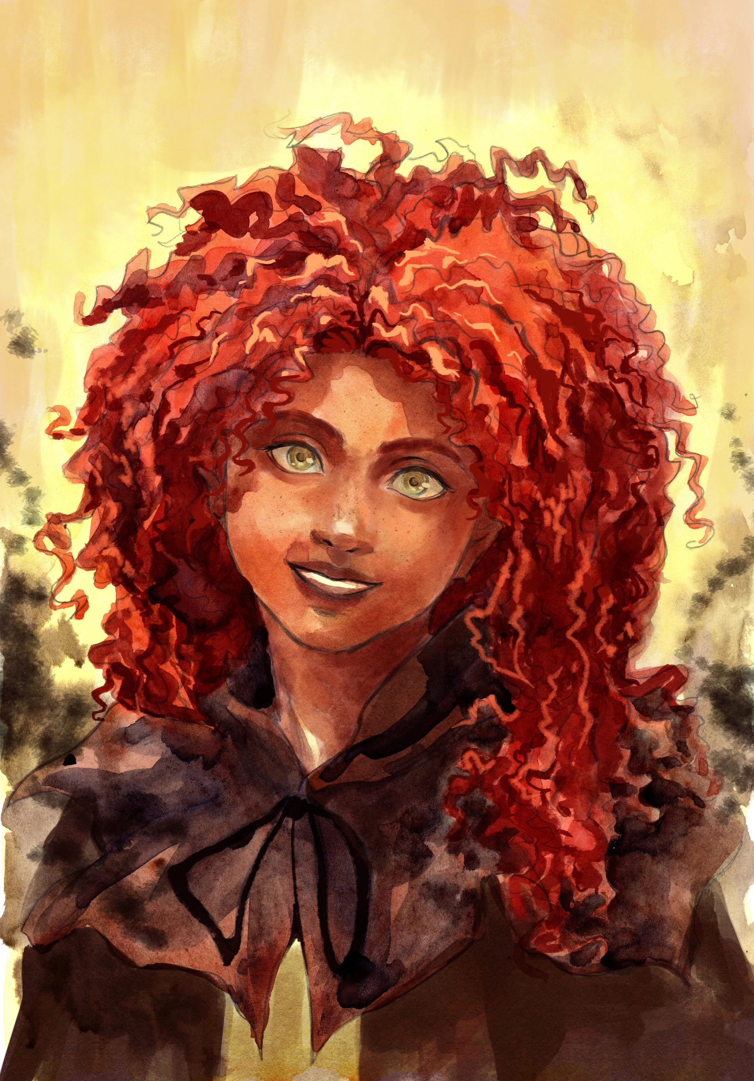 A watercolor-style digital portrait of a young woman with bright red, curly hair and light skin, wearing a dark-colored shirt with a bow tie, smiling softly against a yellow background.