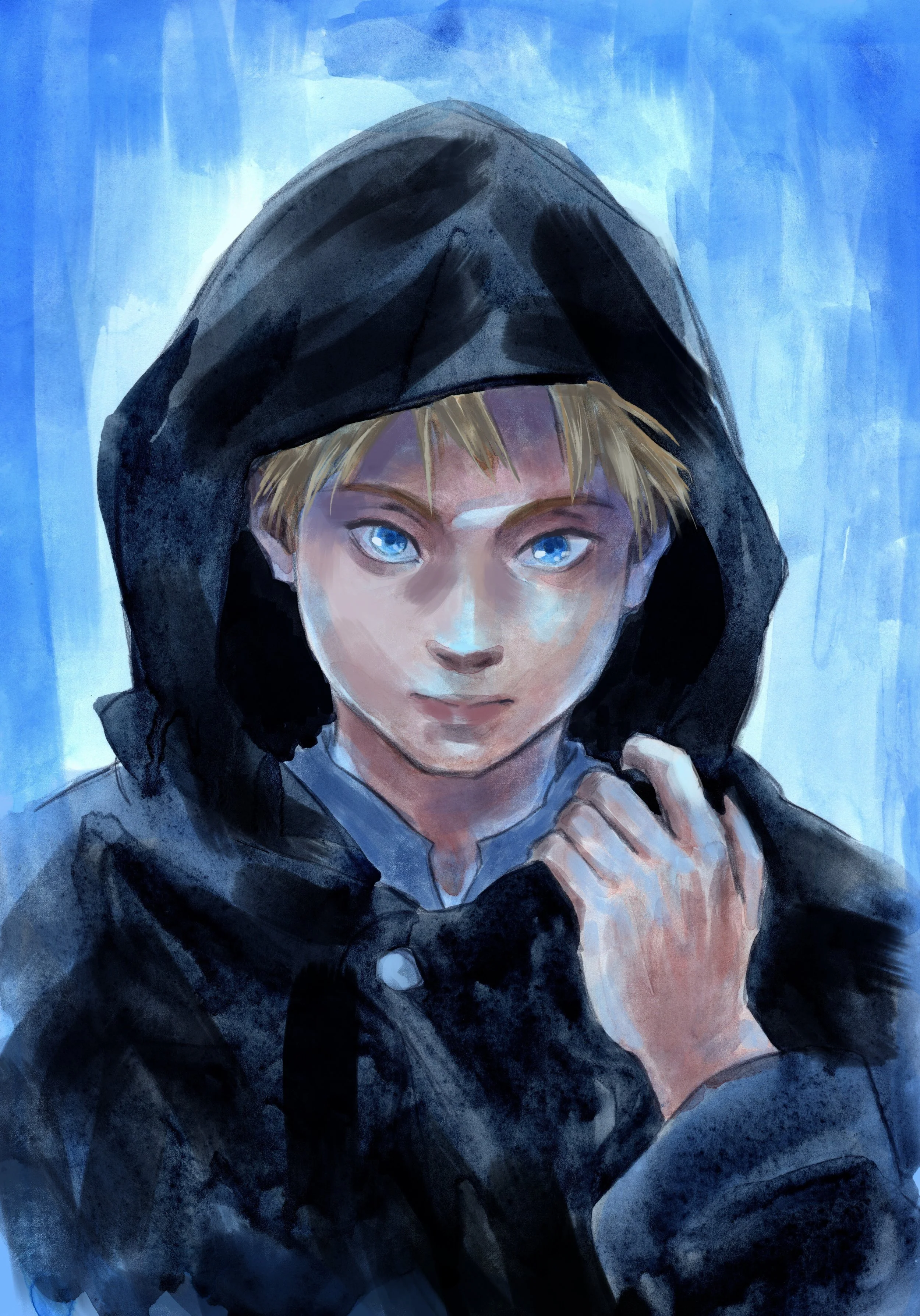A digital painting of a young person with blond hair and blue eyes, wearing a black hooded jacket, looking directly at the viewer with a serious expression, against a blue abstract background.