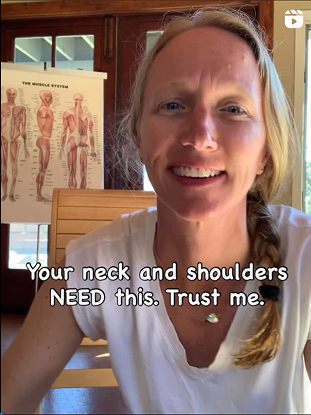 wonderful gentle pose and movement to give love to tight and painful, stressed, shoulders and neck instagram video yoga tutorial