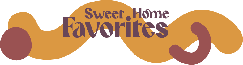 Gestalt mit der Aufschrift 'Sweet Home Favorites', dekorative Form in Braun- und Lilatönen.