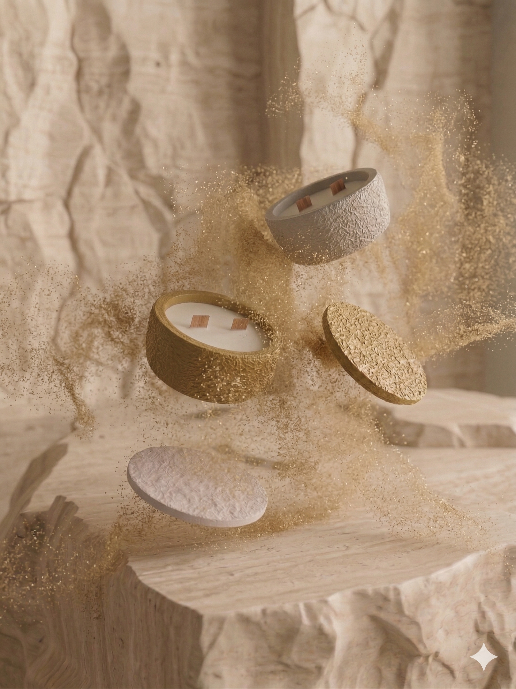 Es sind drei Kerzen in halbkugelförmigen Haltern auf einem Holztisch, umgeben von goldfarbenem Glitzer.
