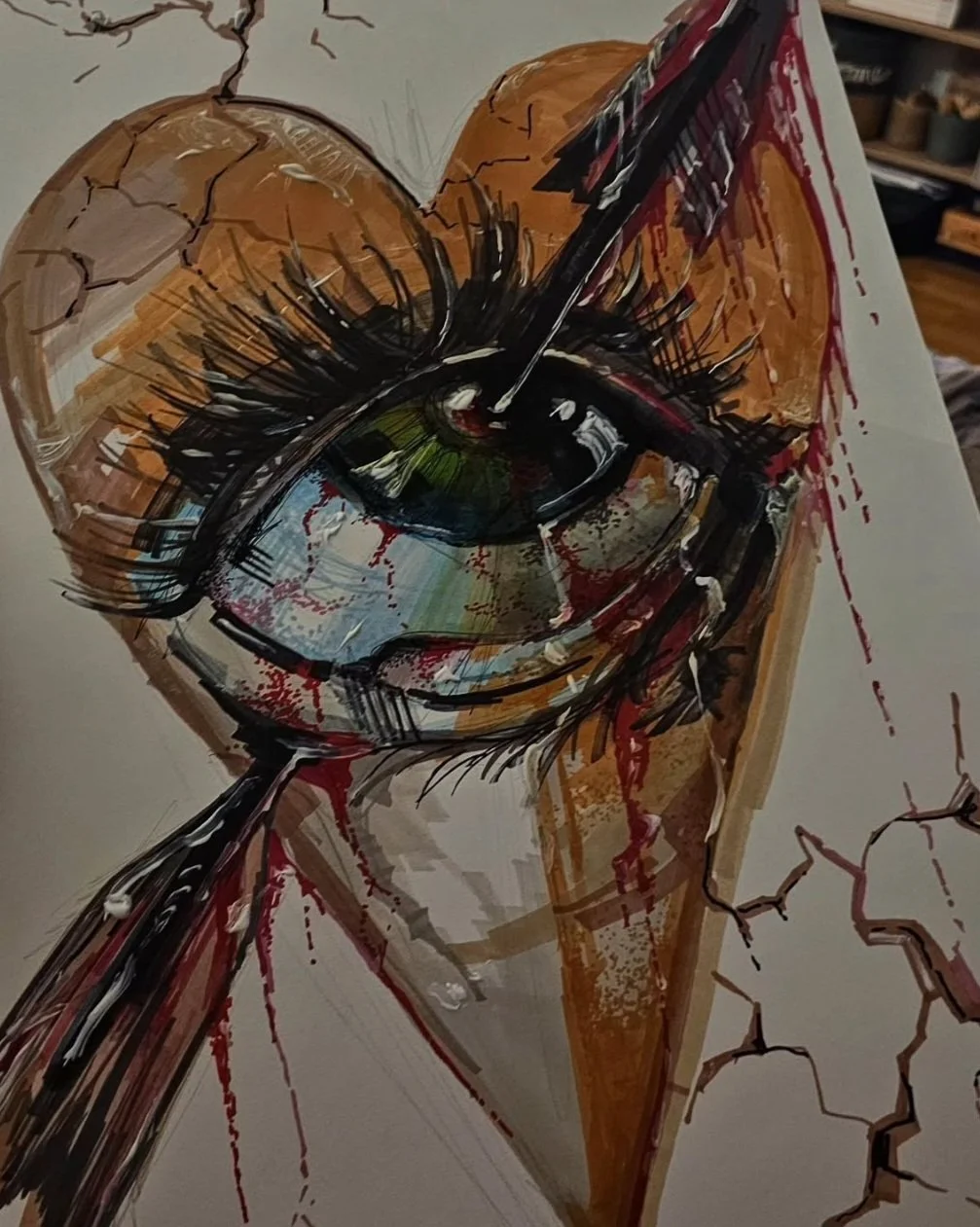 Abstraktes Gemälde eines zerbrochenen Glases mit Blut und Zerstörung, kreative Farbkombinationen und expressive Linien.