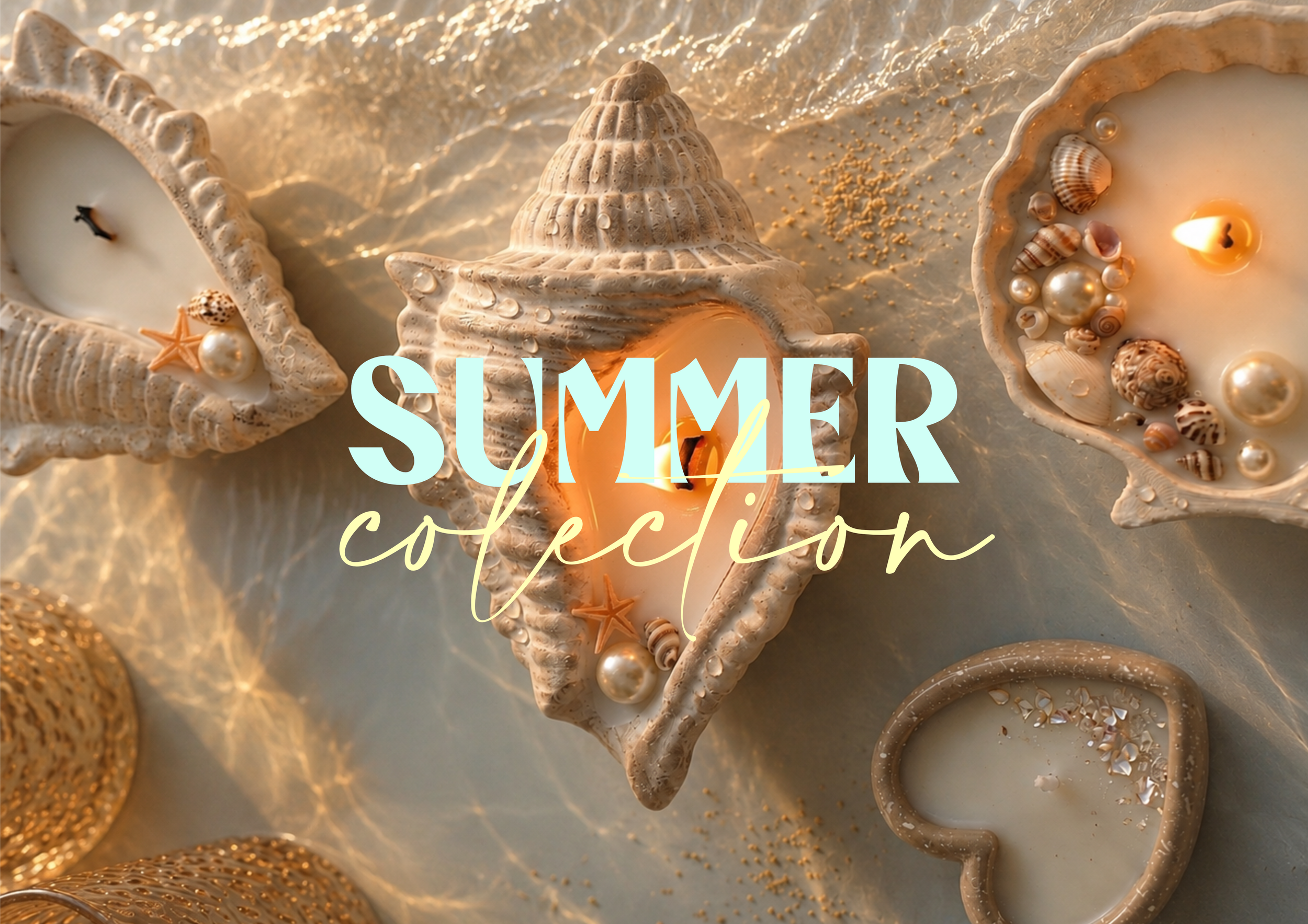 Sonnenuntergang am Strand mit Muscheln, Schneckenhäusern, Seesternen und Kerzen in Muschelschalen, mit dem Text 'Sommer Collection'