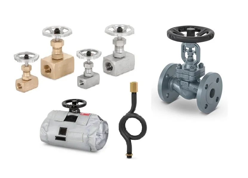 Válvulas y dispositivos de control y regulación para vapor y fluidos industriales. Permiten interrupción, control seguro, protección de instrumentos y operación eficiente en sistemas térmicos.
