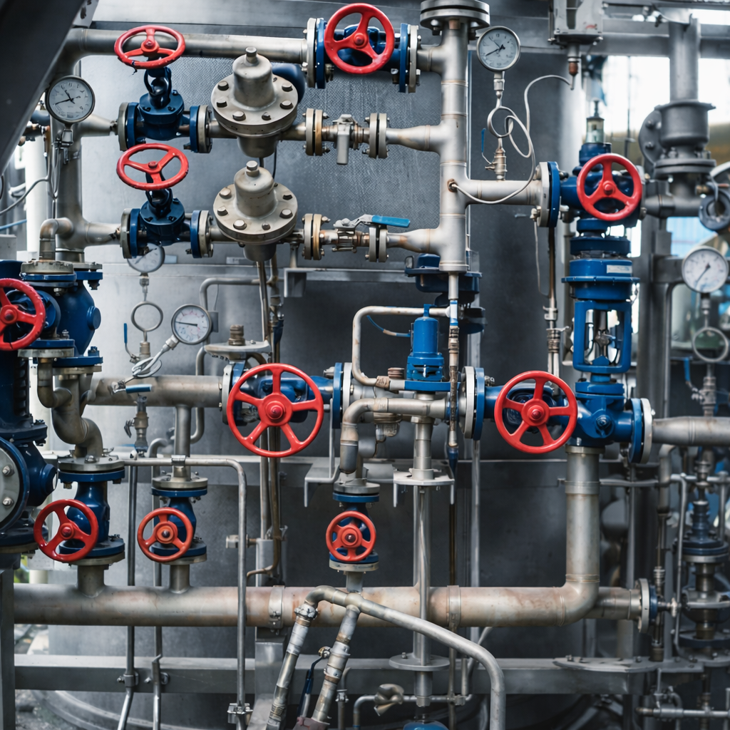 Sistema de tuberías metálicas con válvulas y manómetros en una planta industrial.