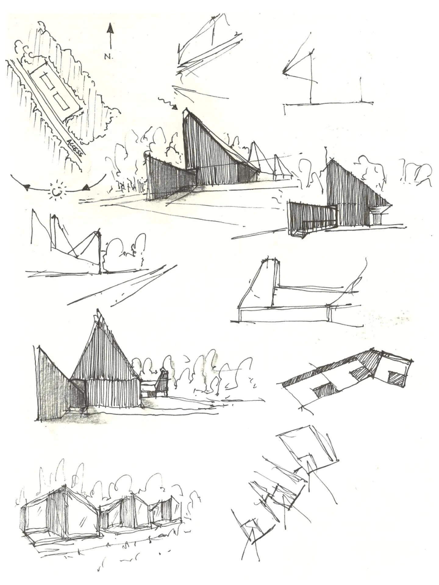 A sketchbook sample for the Highland Chalets. Lots of ideas get thrown about until something finally sticks.