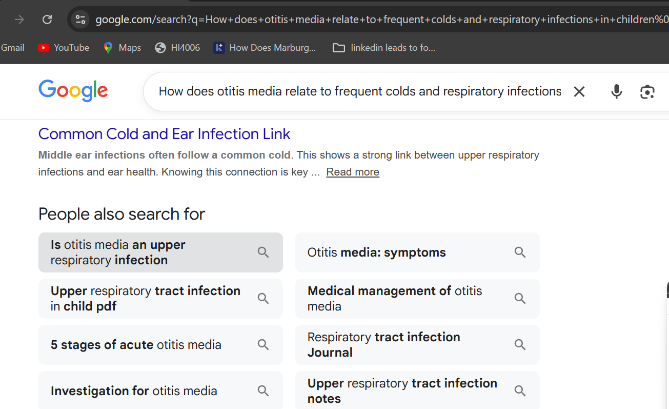 Screenshot of a Google search results page for information about the relationship between otitis media and common cold or respiratory infections.
