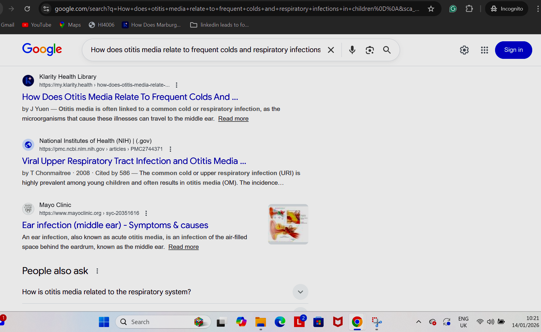 Screenshot of a Google search results page for 'How does otitis media relate to frequent colds and respiratory infections,' showing links to health articles and a small image of an ear with medical illustrations.