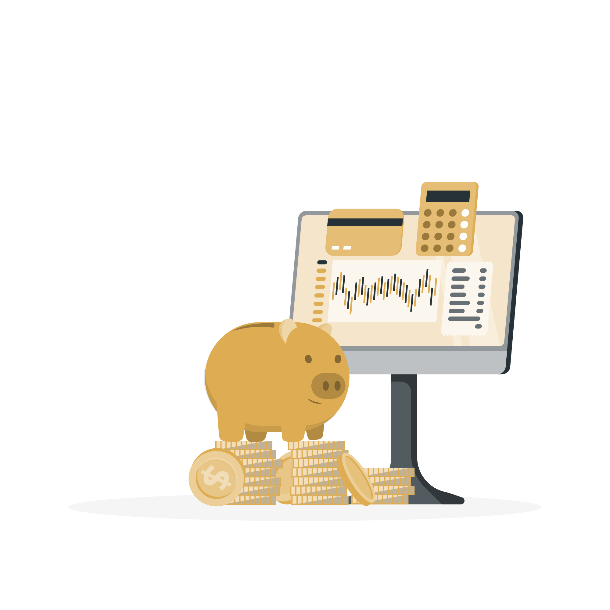 A computer monitor displaying financial data, with a piggy bank on top, surrounded by stacks of coins with a dollar sign, indicating saving or investment.