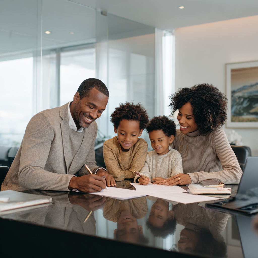 Family of four sitting at a table, smiling, looking at papers, parents with two young children, in a modern office or conference room with large windows and artwork on the wall.