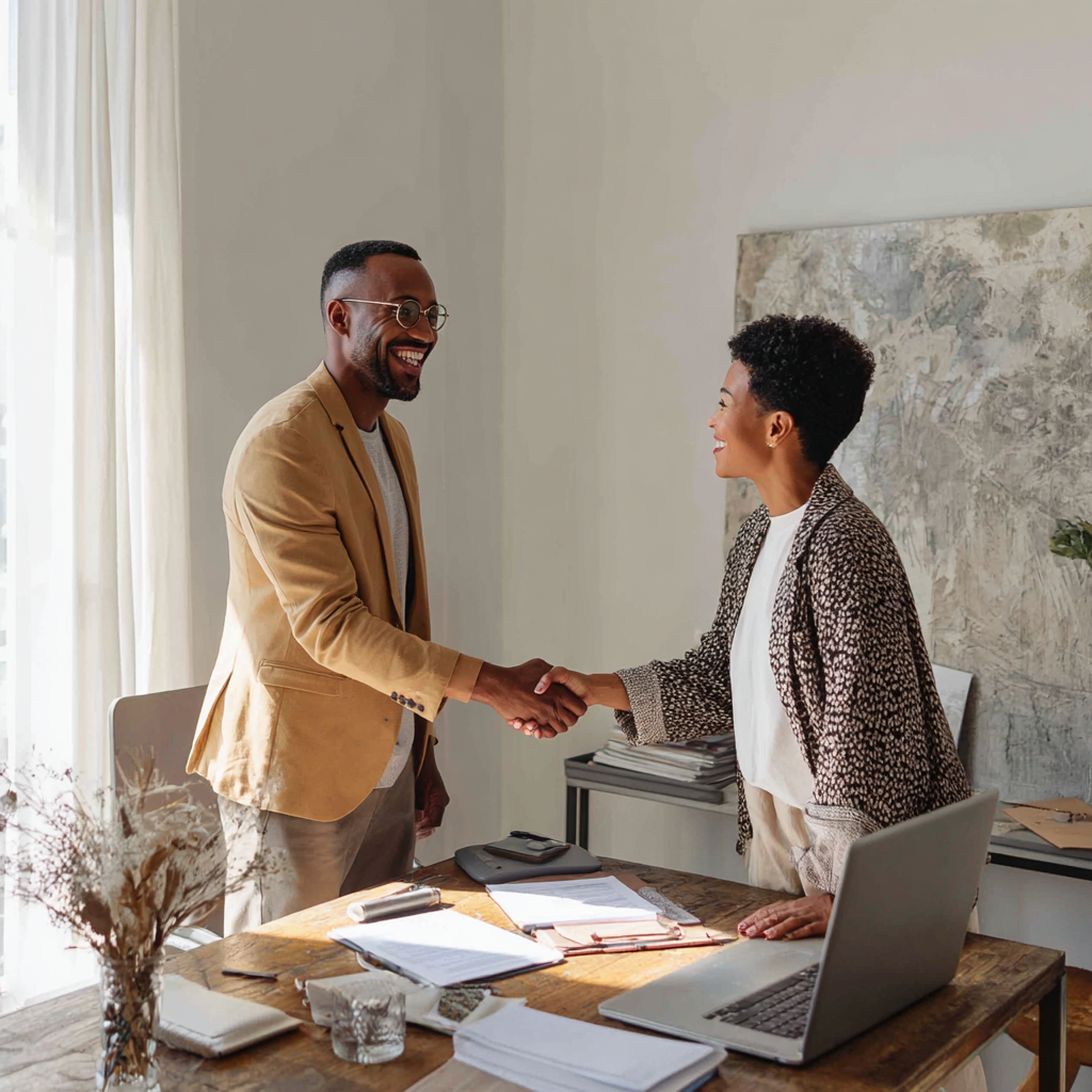 A man and woman smiling and shaking hands in a bright office with a desk and laptop.