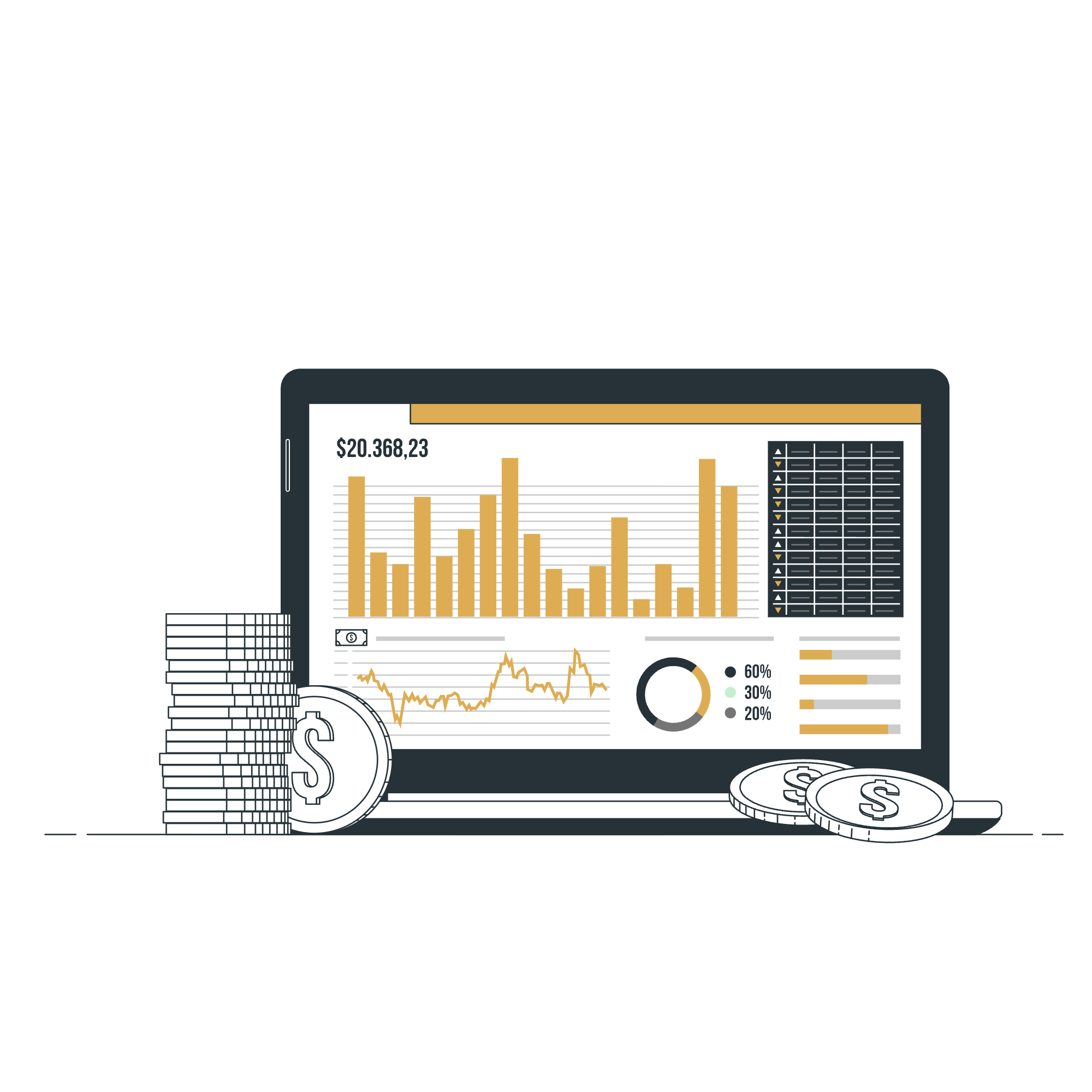 Digital tablet displaying business and financial charts, with stacks of coins featuring dollar signs in front.