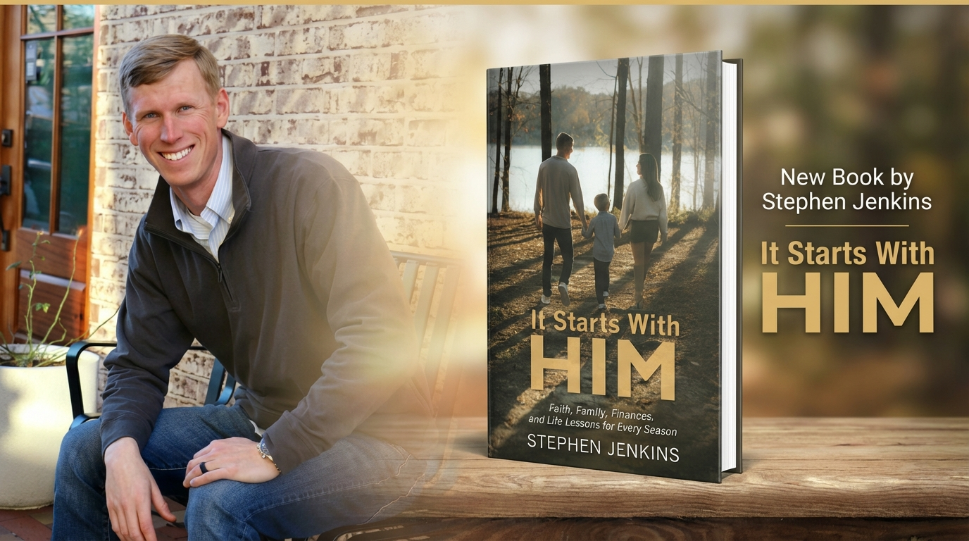 A smiling man sitting on a bench outdoors with a book titled "It Starts With HIM" by Stephen Jenkins displayed next to him.