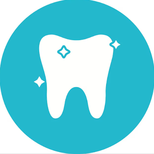 Icon of a white tooth with sparkles on a blue circle background.
