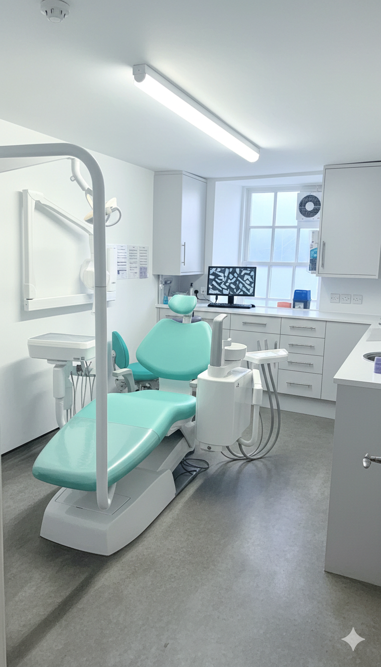 Dental examination room with dental chair, monitor, cabinets, and equipment.