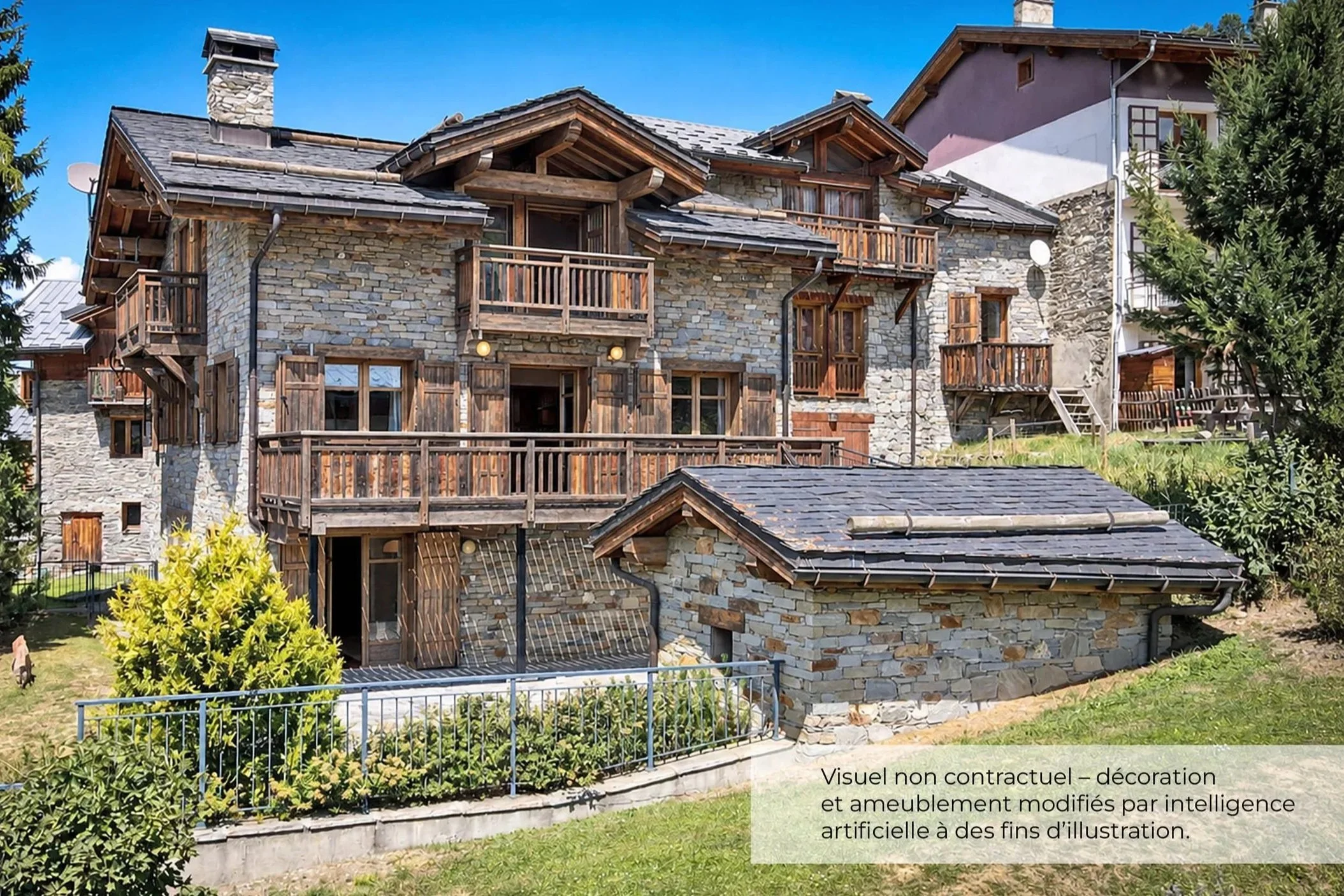 Vue extérieure du chalet aux Granges à vendre près de Saint-Martin-de-Belleville, visuel d’aménagement modifié par intelligence artificielle