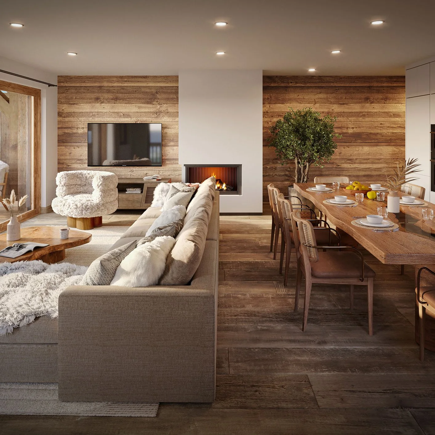 Grand séjour avec cuisine équipée et ambiance chalet contemporain dans un appartement à vendre à Saint-Martin-de-Belleville, idéal en résidence secondaire.