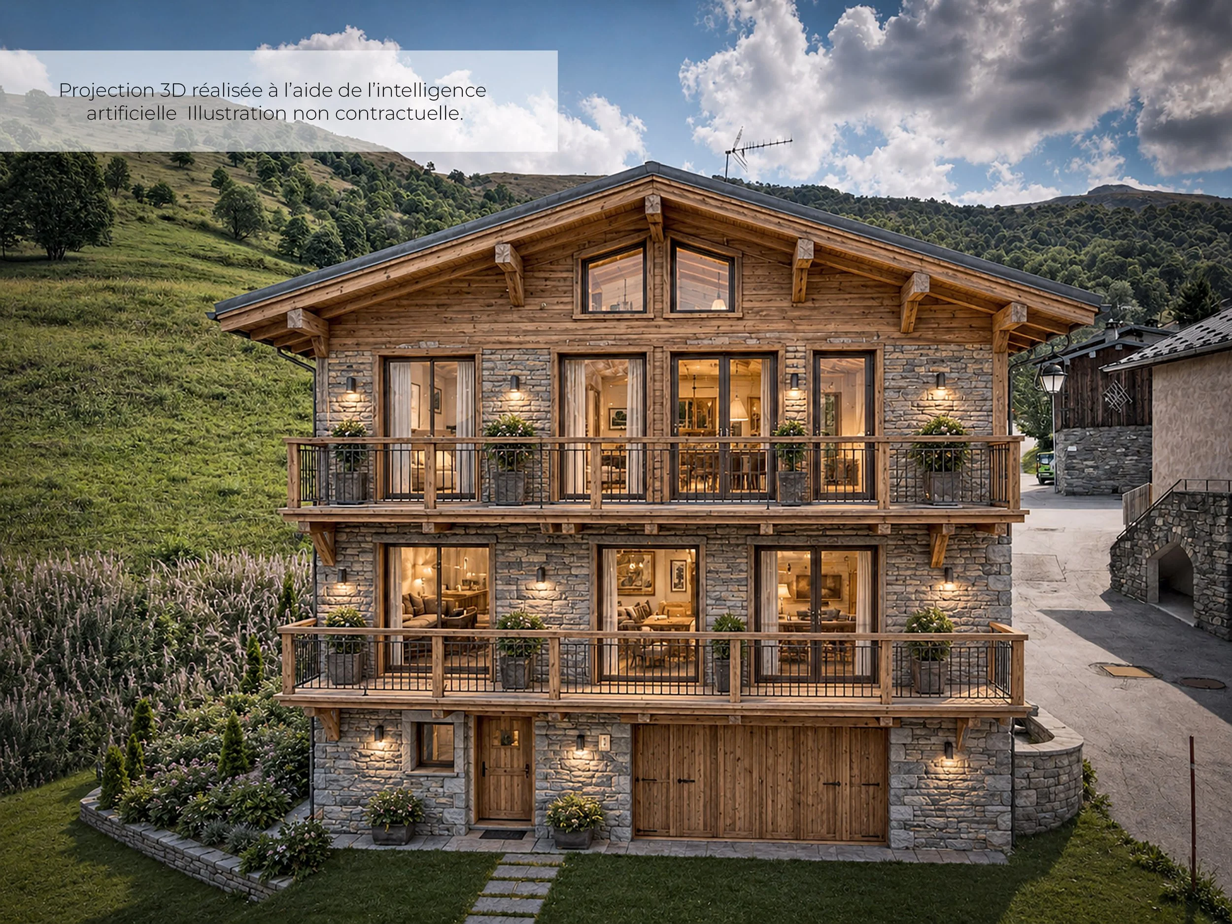 Projection 3D d’un chalet de montagne rénové en pierre et bois avec balcons et grandes baies vitrées, présenté à la vente par HOME SUMMIT, agence immobilière à Saint-Martin-de-Belleville dans la vallée des Belleville.