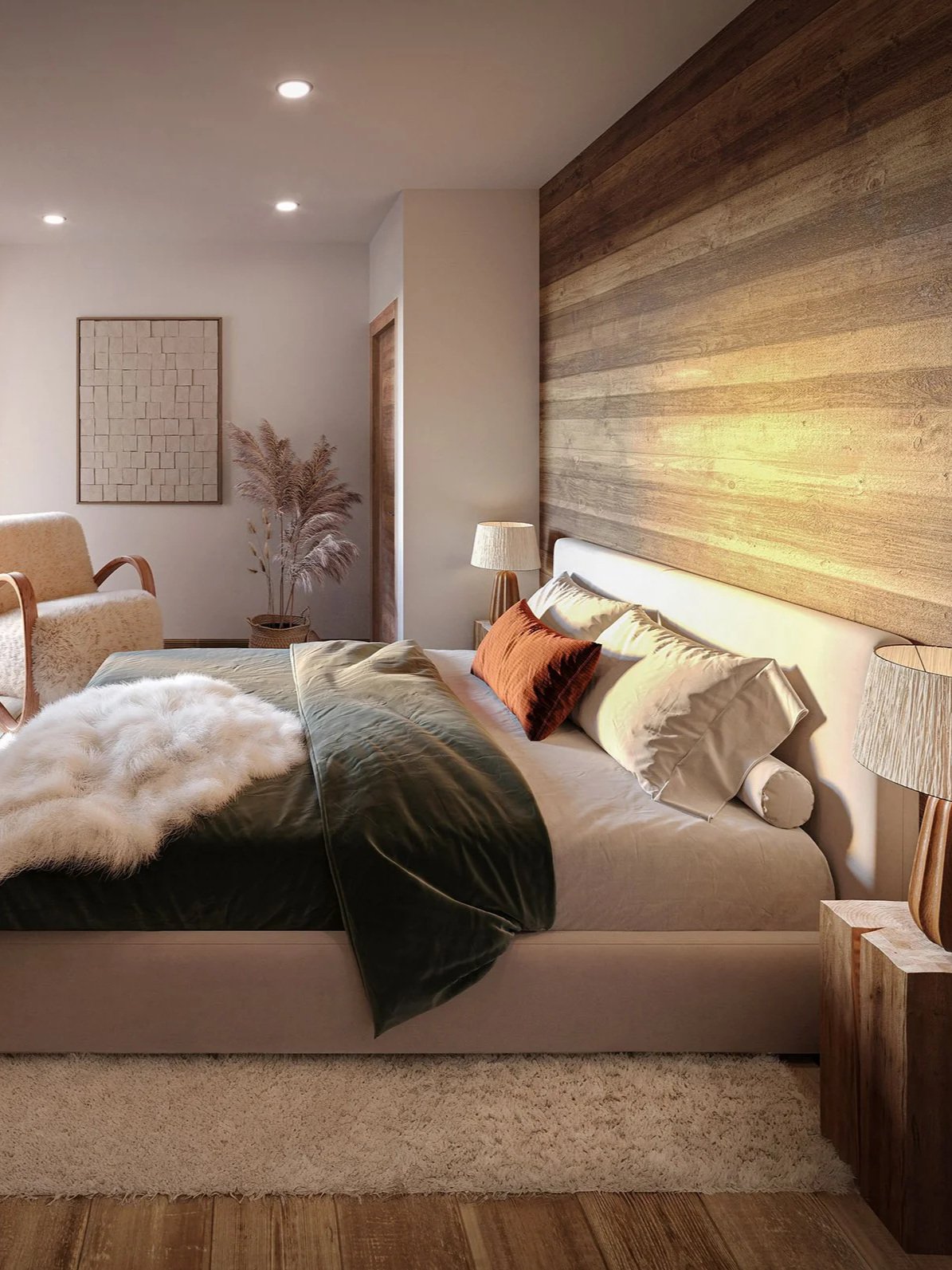Chambre chaleureuse aux finitions bois dans un appartement neuf à vendre dans la Vallée des Belleville, idéal pour un placement immobilier premium.