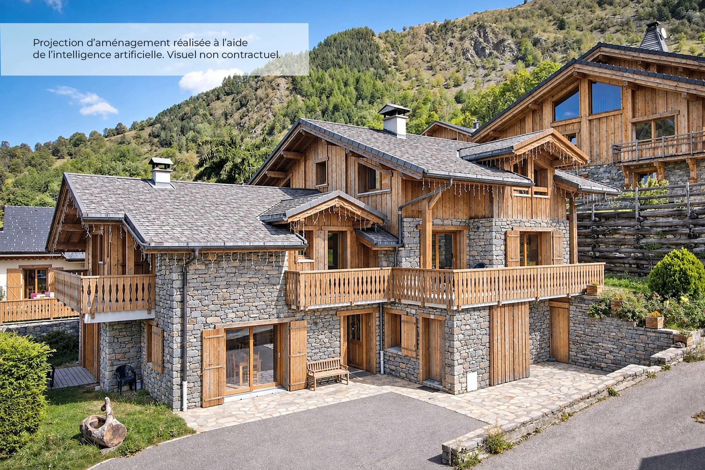 Projection d’aménagement par IA de deux chalets en pierre et bois à vendre près de Saint-Martin-de-Belleville